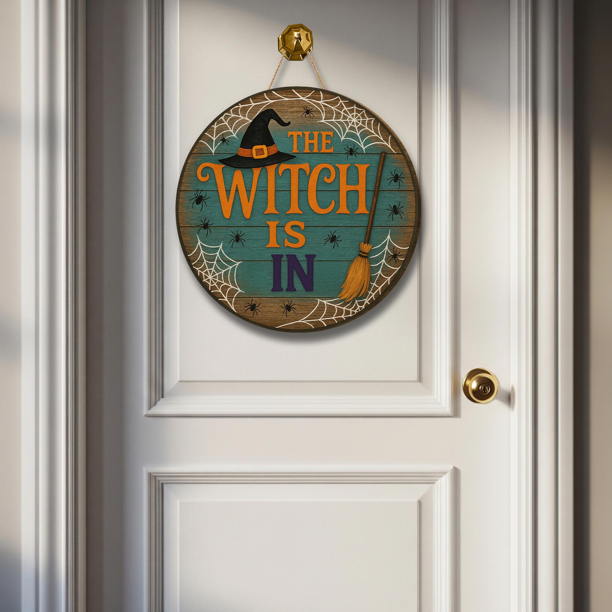 The Witch Is In Door Sign, Halloween Wooden Hanger, Spooky Witch Decor, Round Door Plaque, Fall Front Porch Sign, Haunted House Decor
