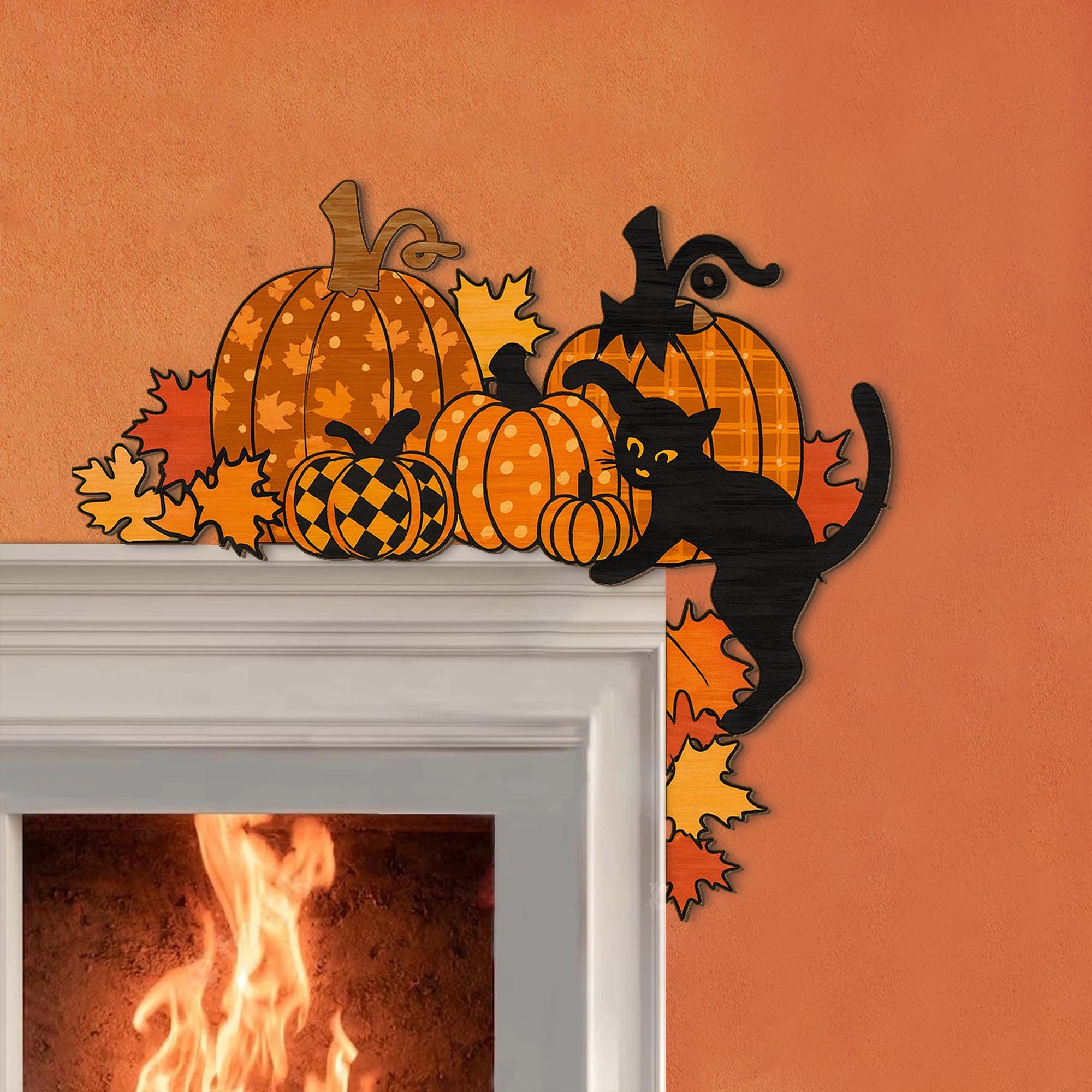 Halloween Pumpkin Door Corner Decor - Black Cat Fall Wall Sign - Autumn Harvest Wooden Decoration - Thanksgiving Front Door Wood
