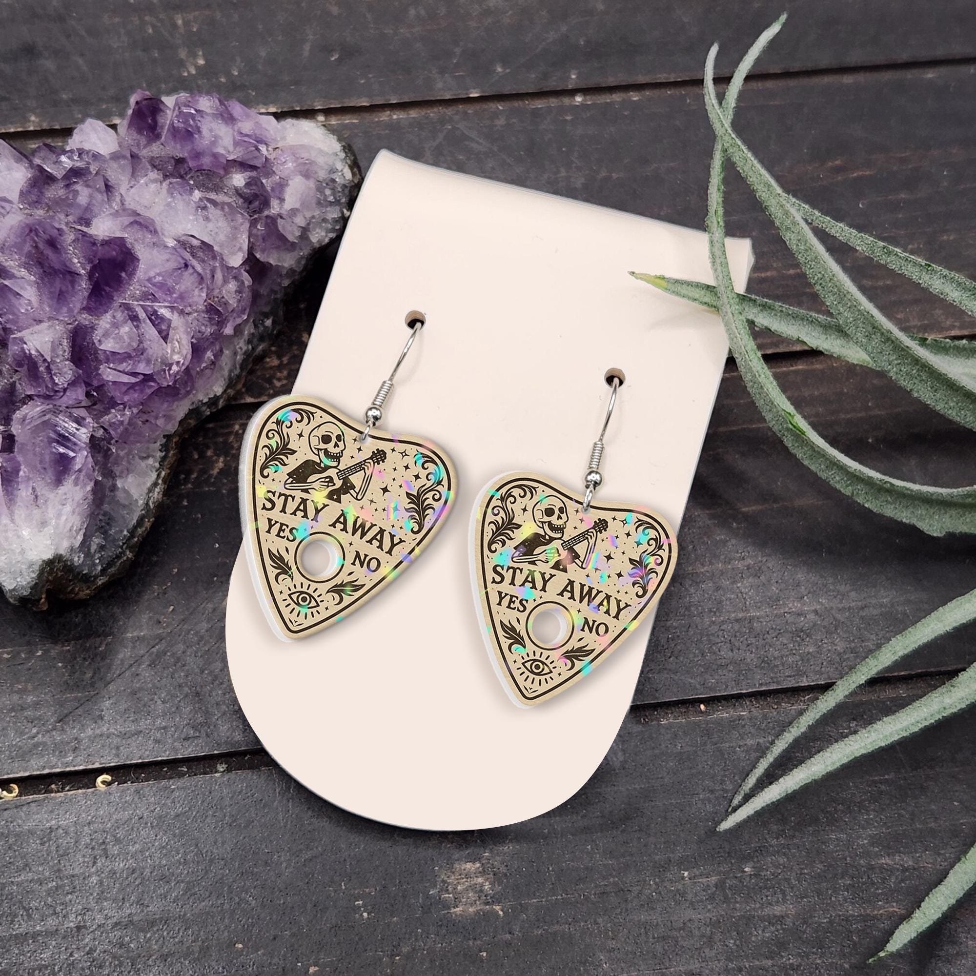 Stay Away Planchette Earrings – Gothic Skeleton Dangle Earrings for Halloween, Witchy Occult Jewelry, Spooky Cute Gift for Her, Spooky Gift