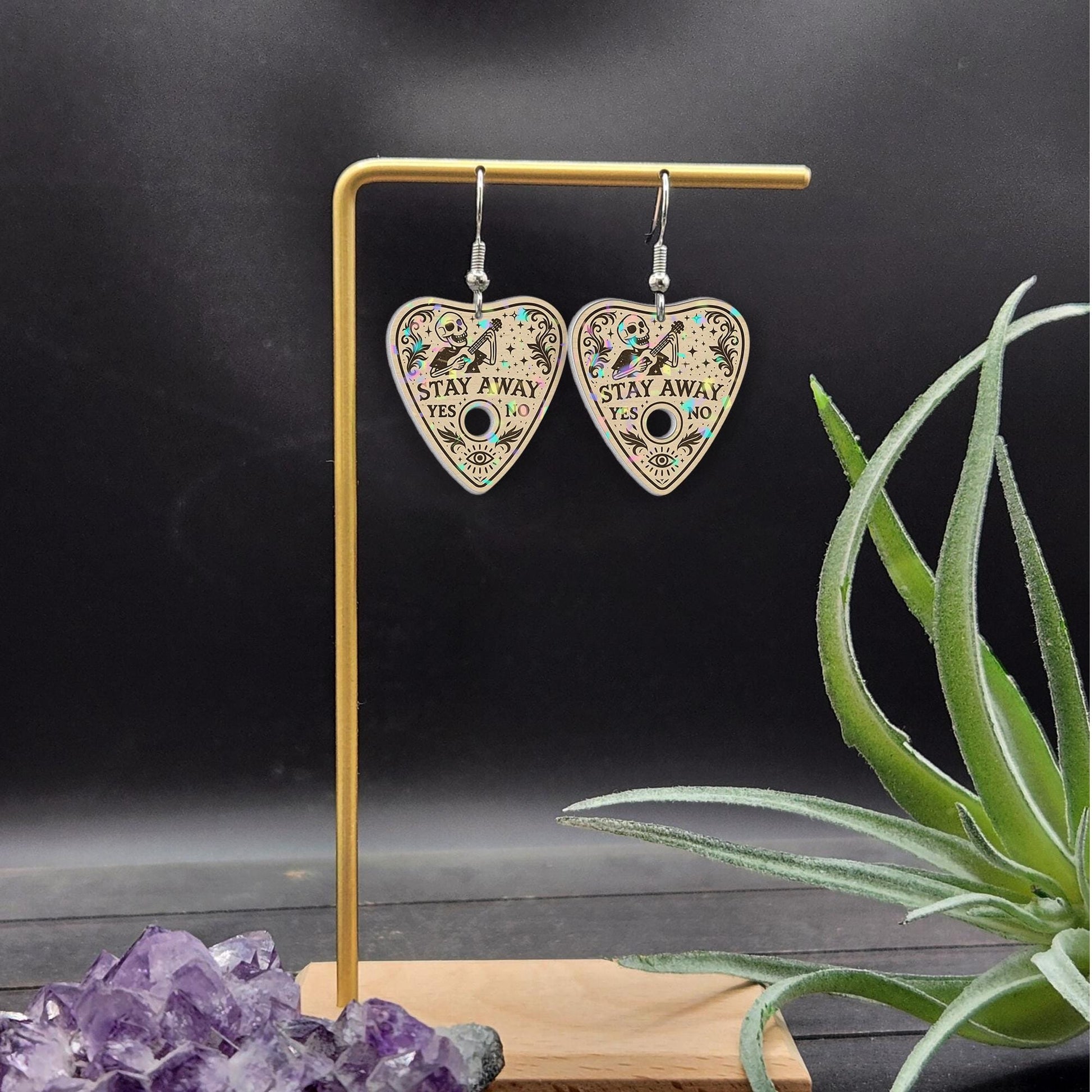 Stay Away Planchette Earrings – Gothic Skeleton Dangle Earrings for Halloween, Witchy Occult Jewelry, Spooky Cute Gift for Her, Spooky Gift