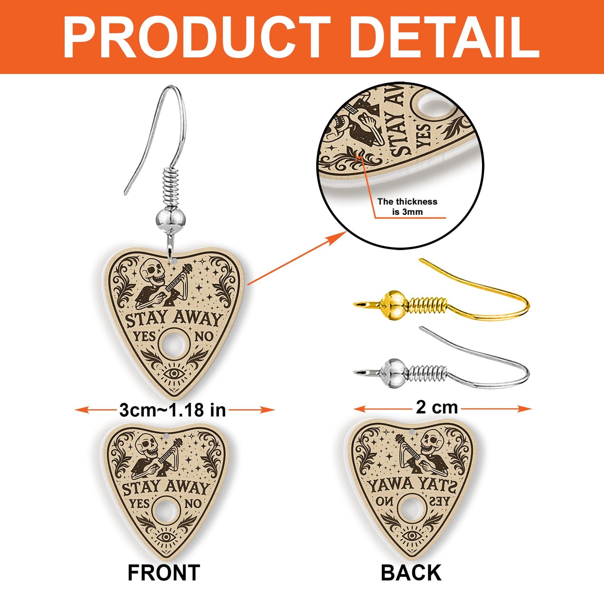 Stay Away Planchette Earrings – Gothic Skeleton Dangle Earrings for Halloween, Witchy Occult Jewelry, Spooky Cute Gift for Her, Spooky Gift