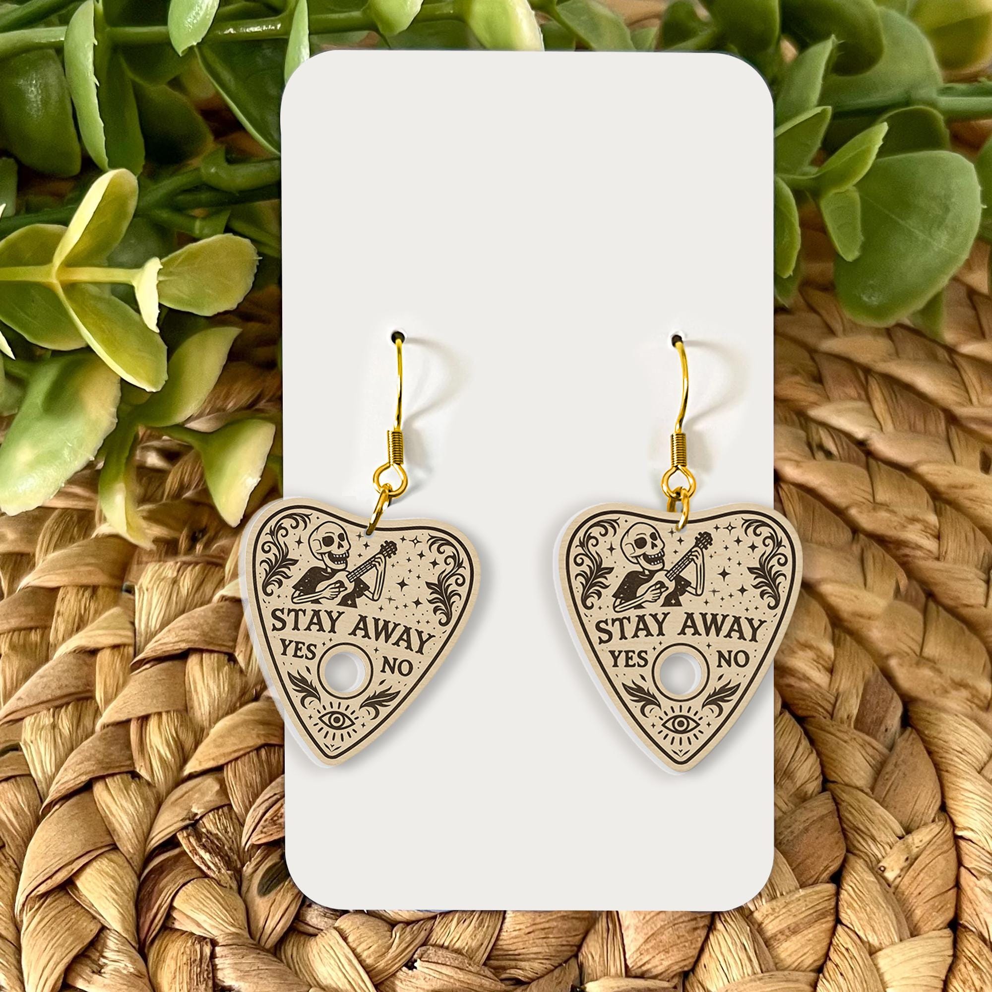 Stay Away Planchette Earrings – Gothic Skeleton Dangle Earrings for Halloween, Witchy Occult Jewelry, Spooky Cute Gift for Her, Spooky Gift