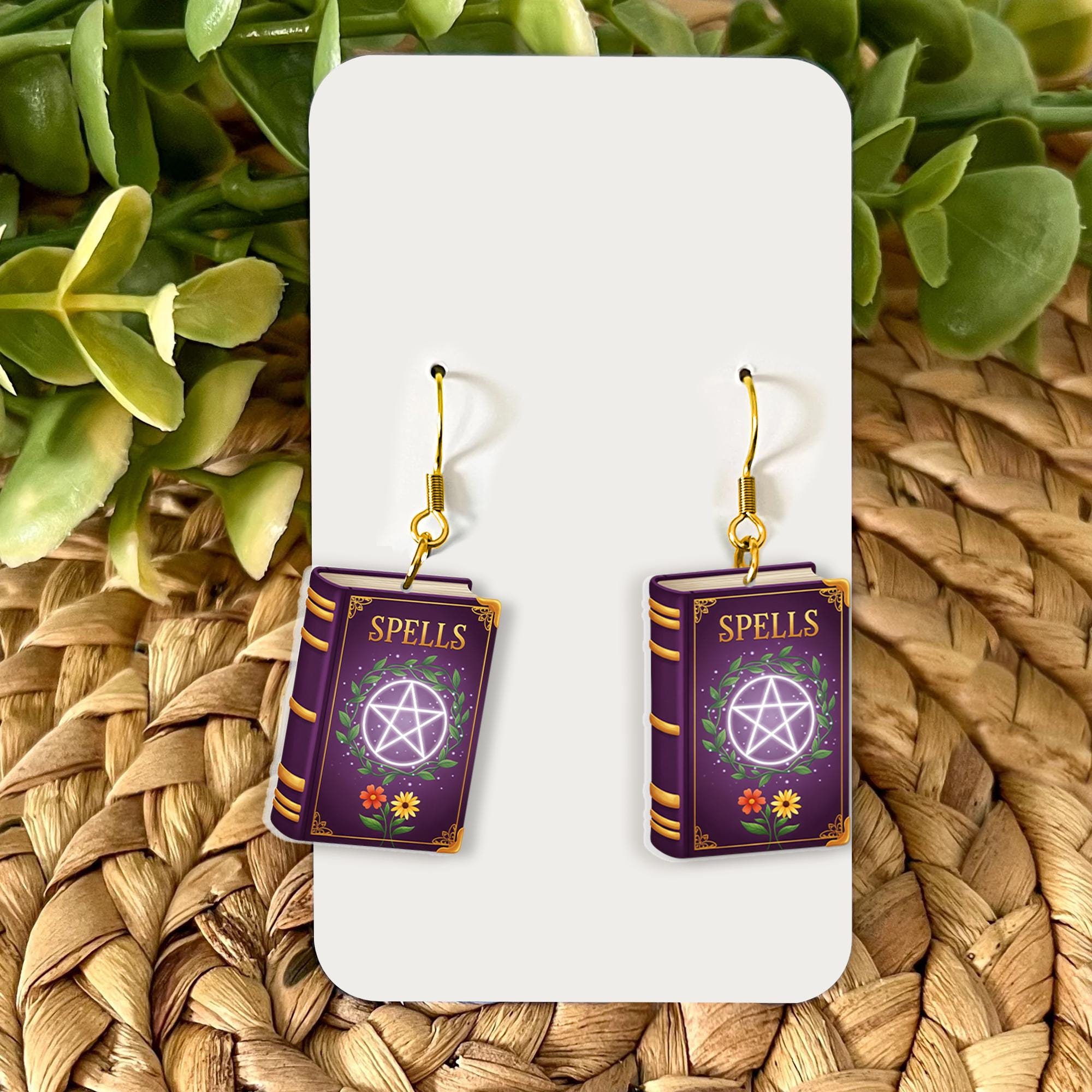 Spell Book Dangle Earrings – Witchy Purple Magic Book Jewelry with Pentagram, Cute Halloween or Wiccan Gift for Her, Gothic Accessories