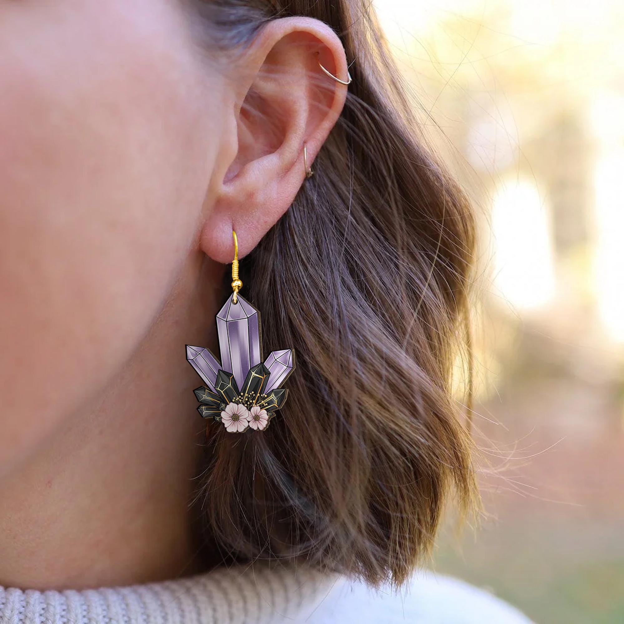 Purple Crystal Dangle Earrings – Floral Gemstone Witchy Jewelry, Amethyst Style Boho Earrings, Mystical Gift for Her, Nature Inspired