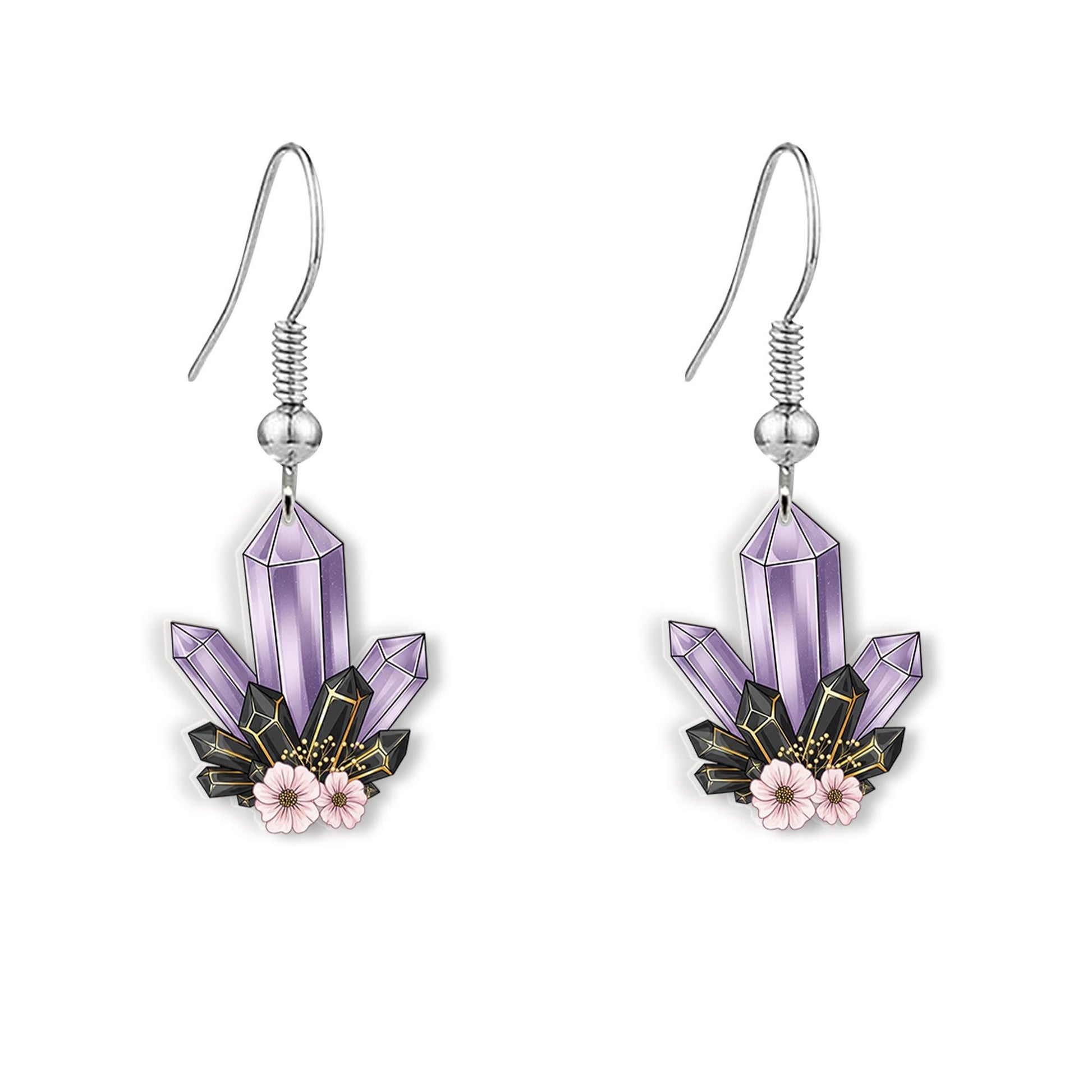 Purple Crystal Dangle Earrings – Floral Gemstone Witchy Jewelry, Amethyst Style Boho Earrings, Mystical Gift for Her, Nature Inspired