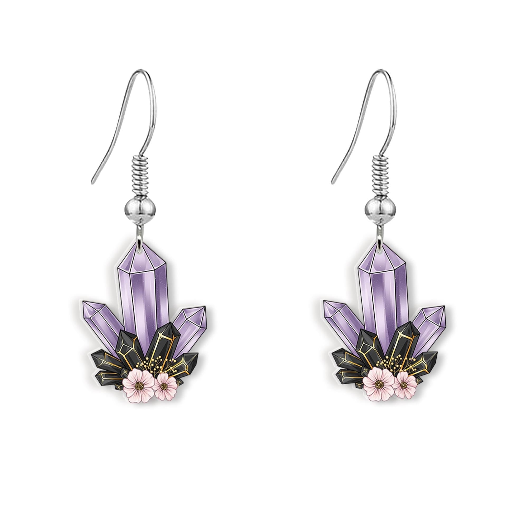 Purple Crystal Dangle Earrings – Floral Gemstone Witchy Jewelry, Amethyst Style Boho Earrings, Mystical Gift for Her, Nature Inspired
