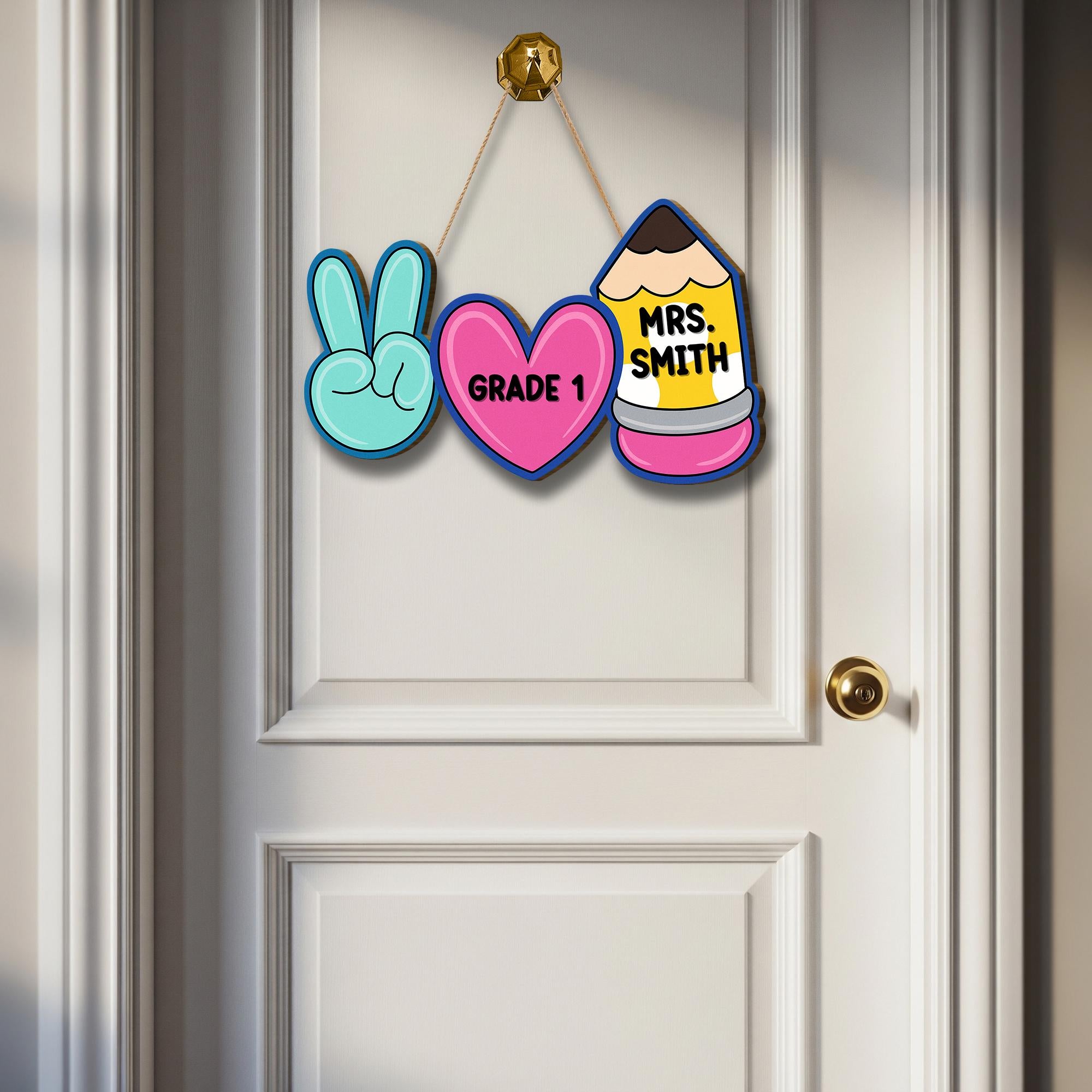 Peace Love School Teacher Door Sign. Personalized Pencil Classroom Decor for Teacher, Back to School Gift for Elementary Teachers, Educators