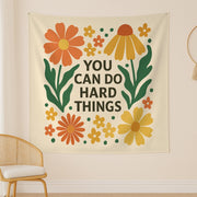 You Can Do Hard Things Tapestry - Motivational Floral Wall Hanging - Boho Positive Quote Banner for Dorm, Office or Bedroom Decor