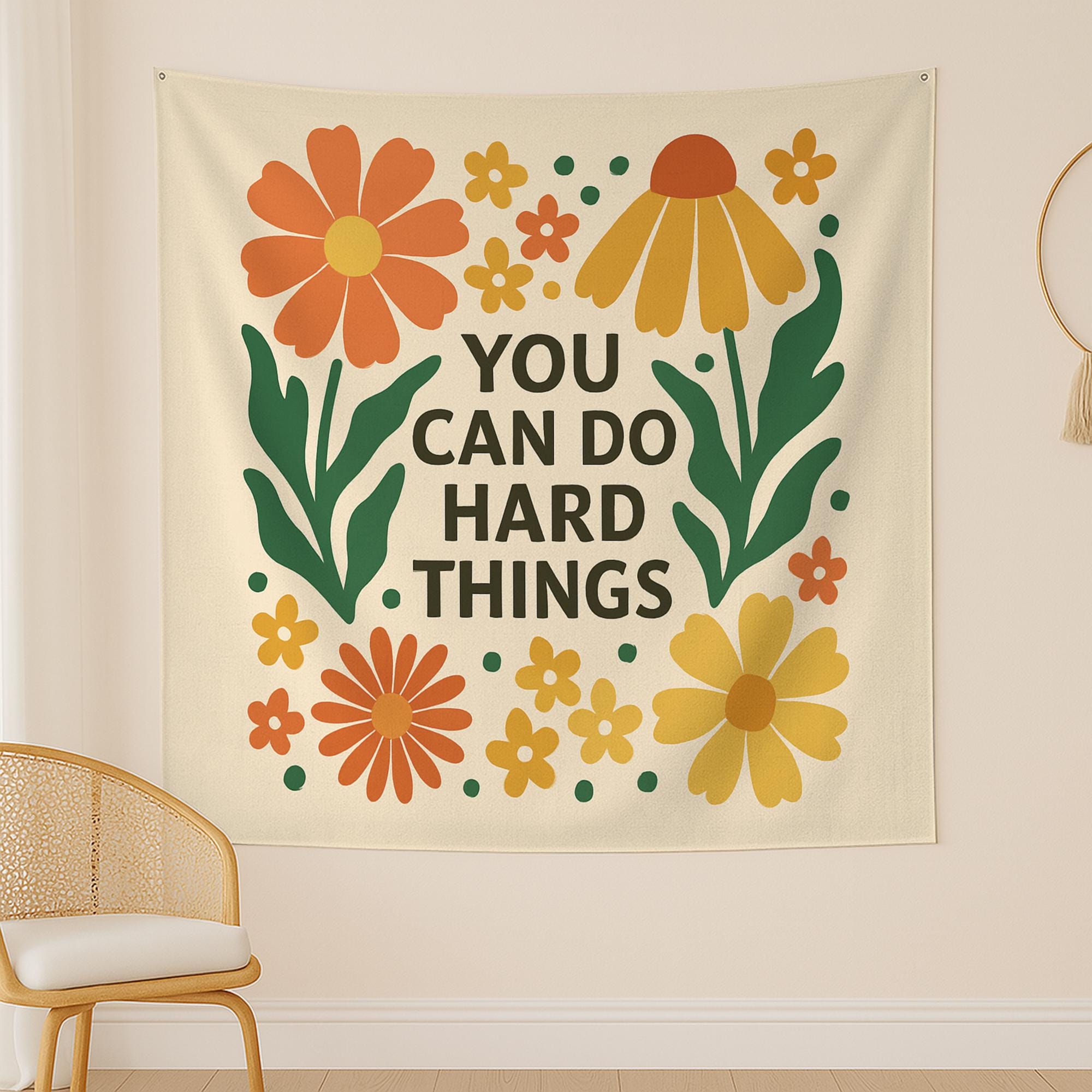 You Can Do Hard Things Tapestry - Motivational Floral Wall Hanging - Boho Positive Quote Banner for Dorm, Office or Bedroom Decor