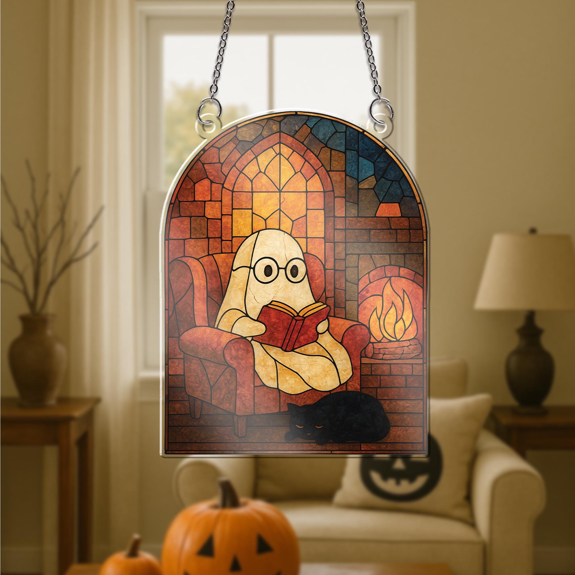 Cozy Ghost Reading Acrylic Window Hanging - Spooky Acrylic Halloween window decor - Bookish Fall Ghost Decor for Windows
