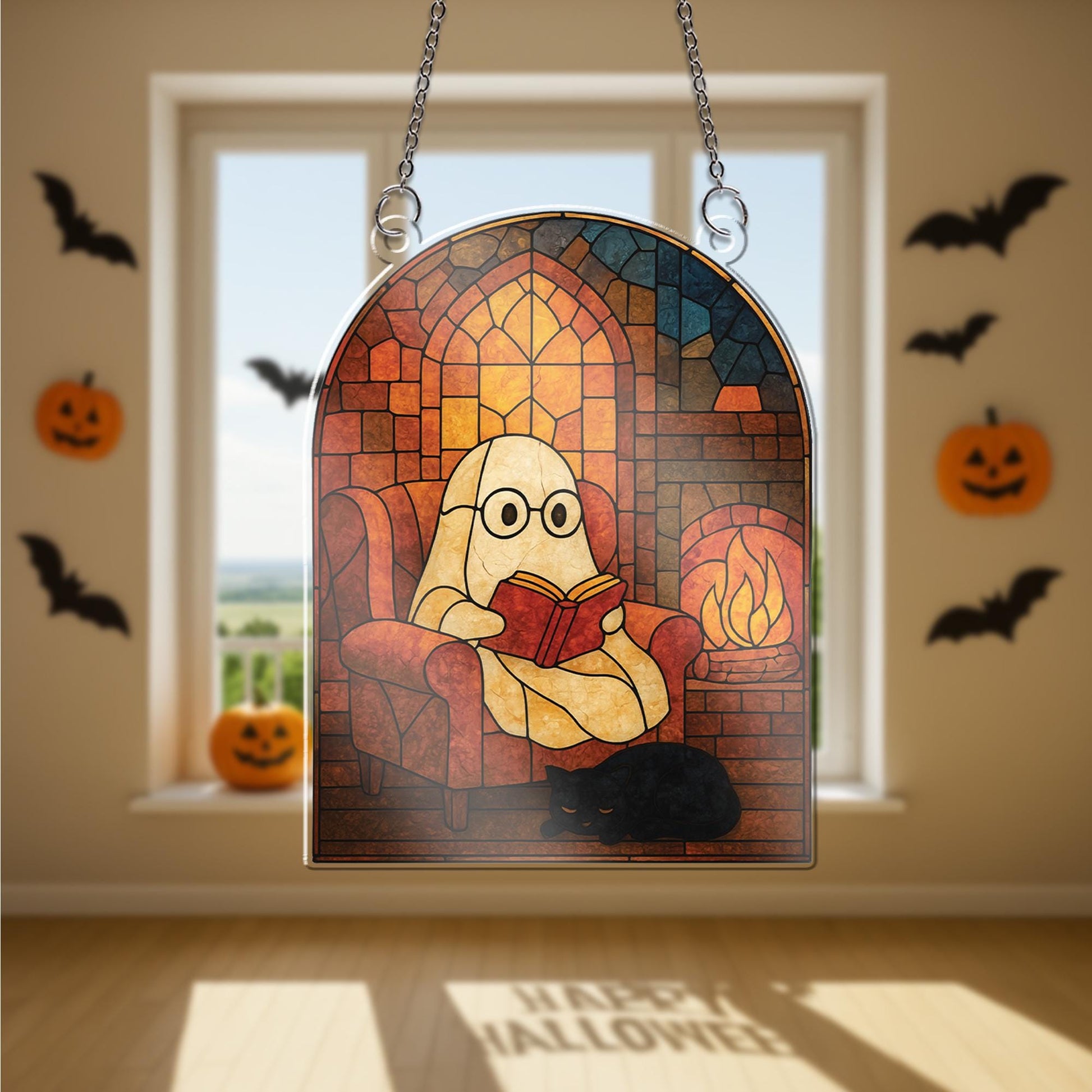 Cozy Ghost Reading Acrylic Window Hanging - Spooky Acrylic Halloween window decor - Bookish Fall Ghost Decor for Windows