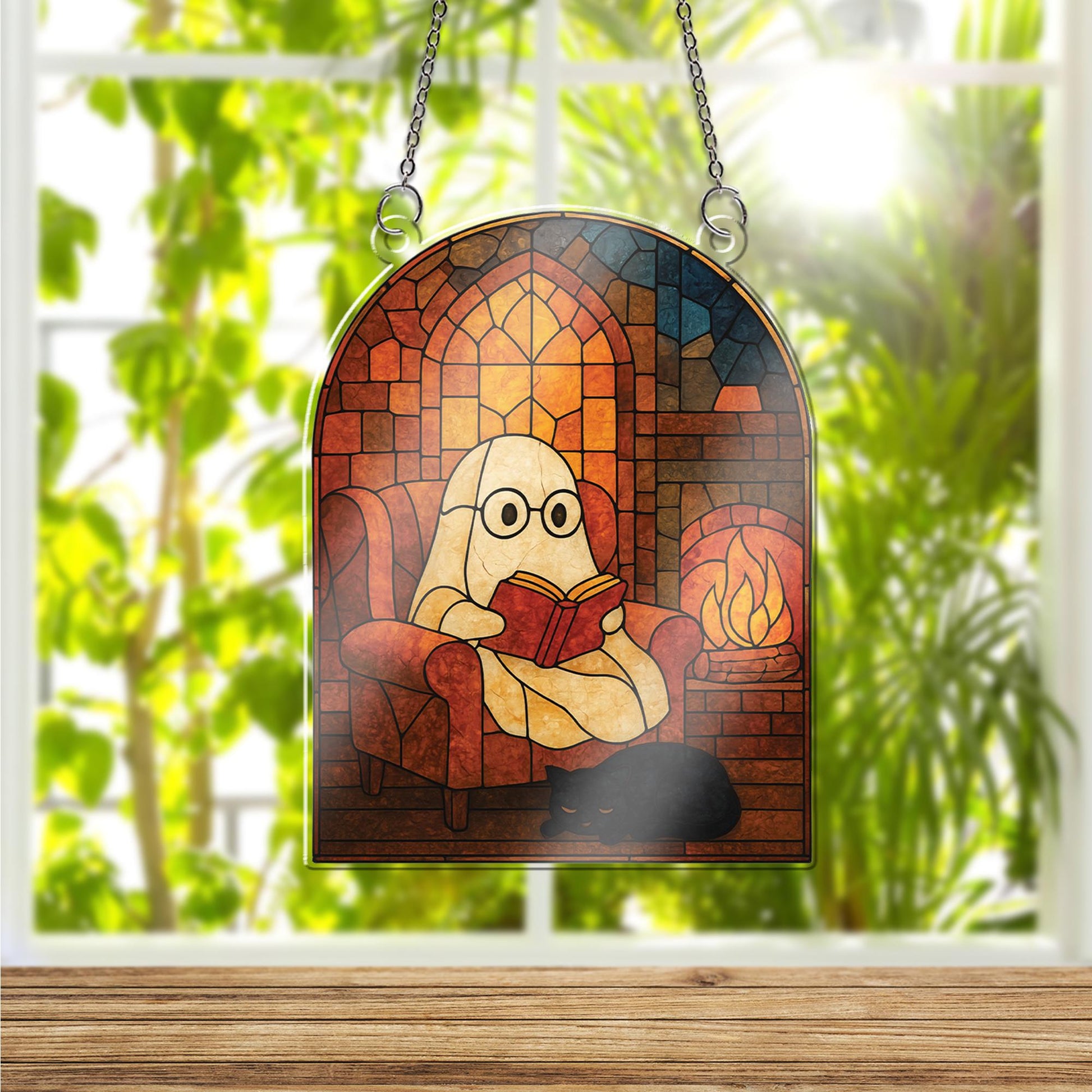 Cozy Ghost Reading Acrylic Window Hanging - Spooky Acrylic Halloween window decor - Bookish Fall Ghost Decor for Windows