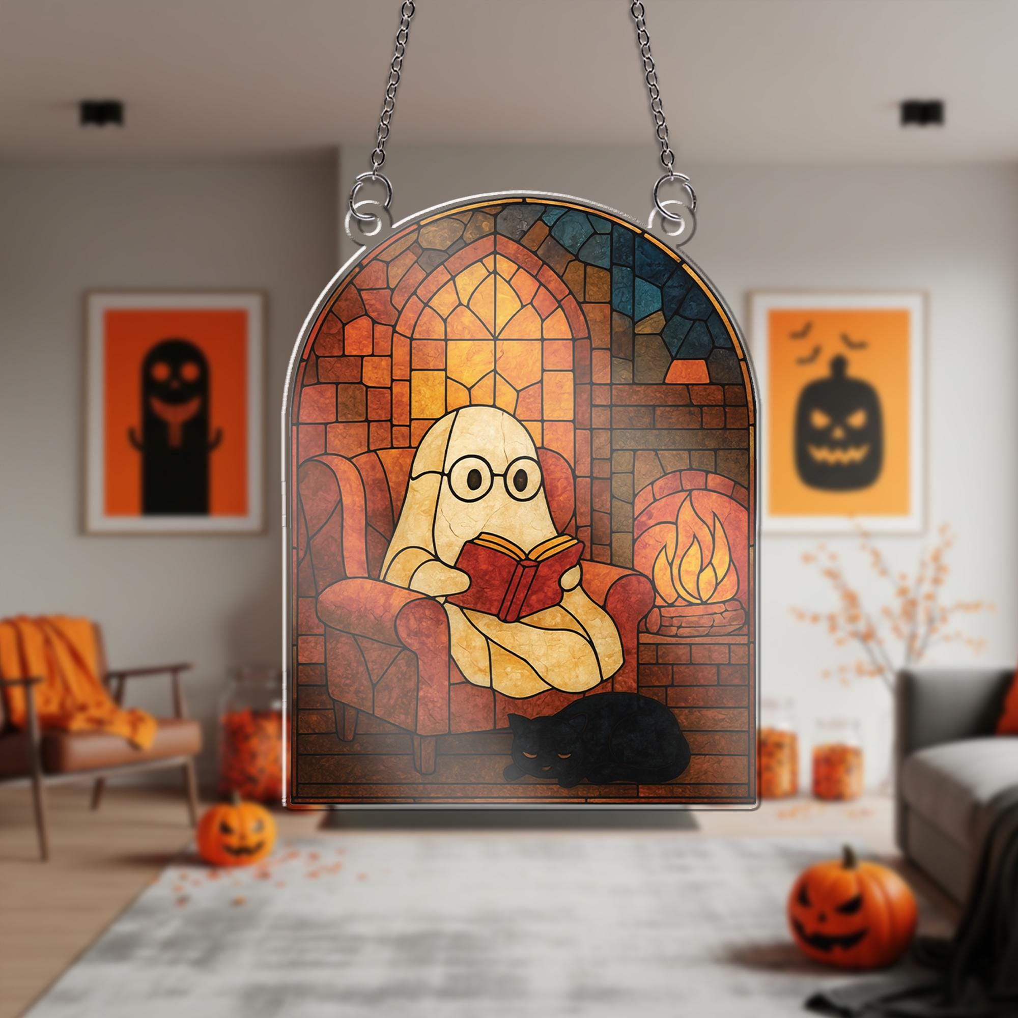 Cozy Ghost Reading Acrylic Window Hanging - Spooky Acrylic Halloween window decor - Bookish Fall Ghost Decor for Windows