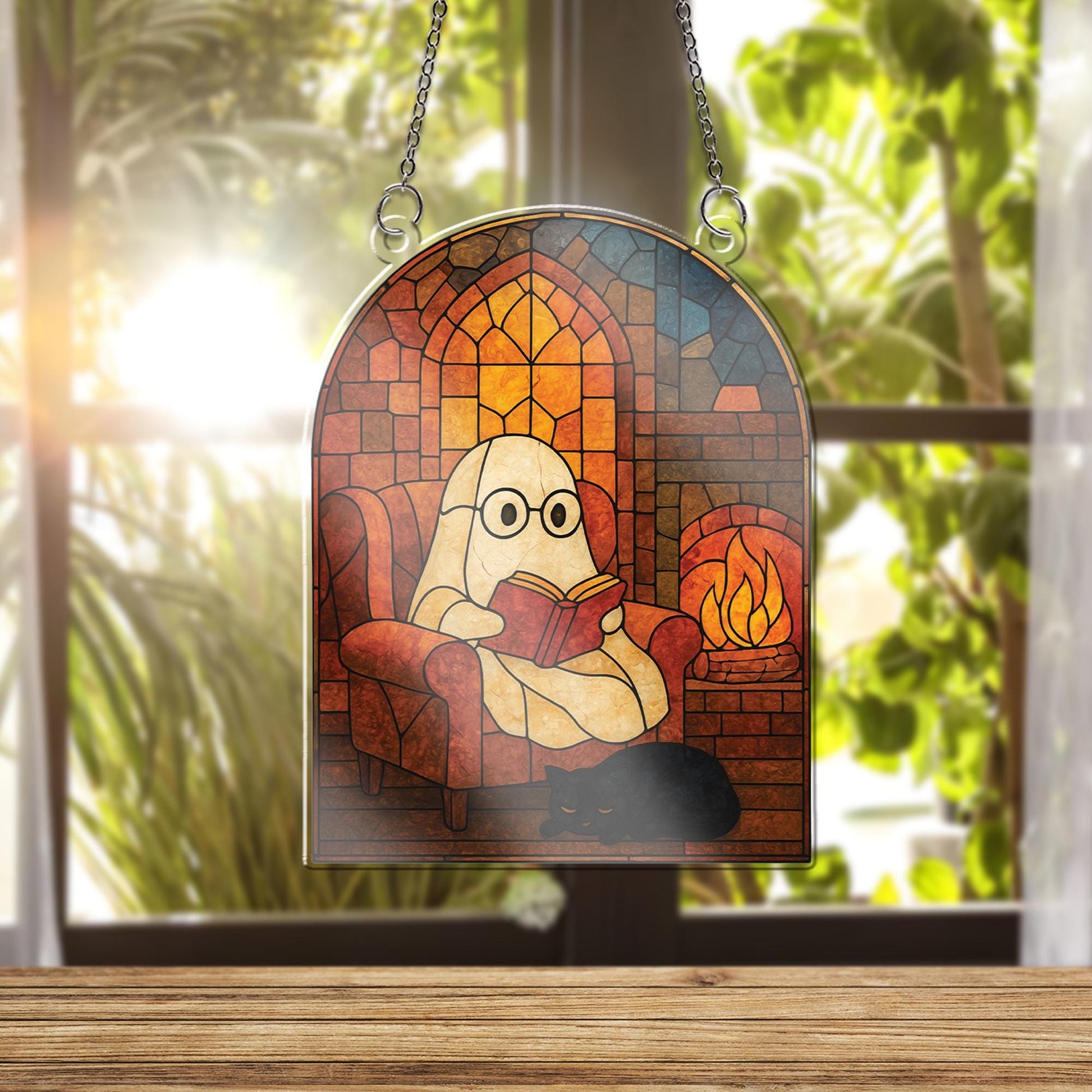 Cozy Ghost Reading Acrylic Window Hanging - Spooky Acrylic Halloween window decor - Bookish Fall Ghost Decor for Windows