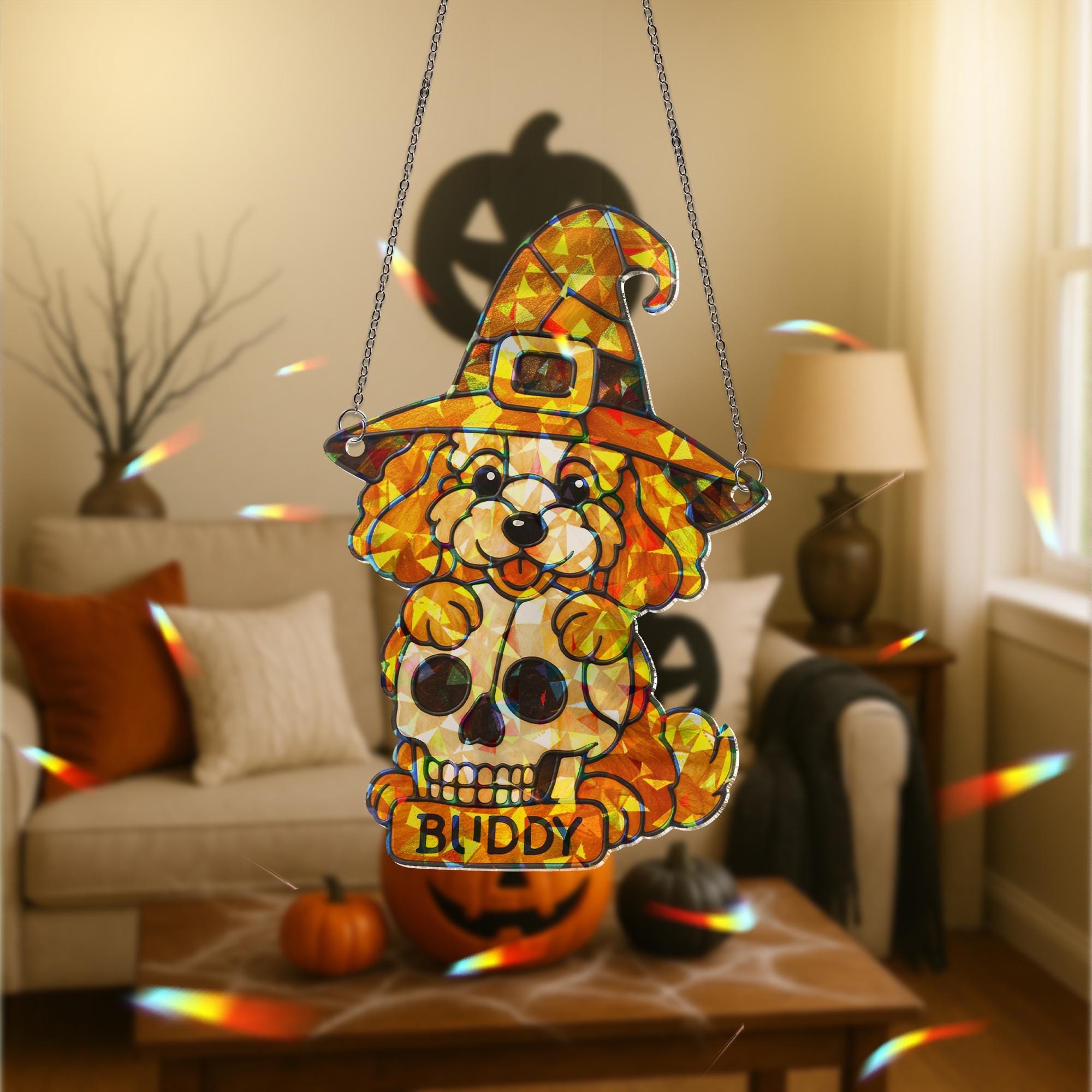 Custom Dog Halloween Suncatcher - Personalized Pet Name & Breed Window Decor - Holographic Witch Puppy Skull Acrylic Sun Catcher Gift