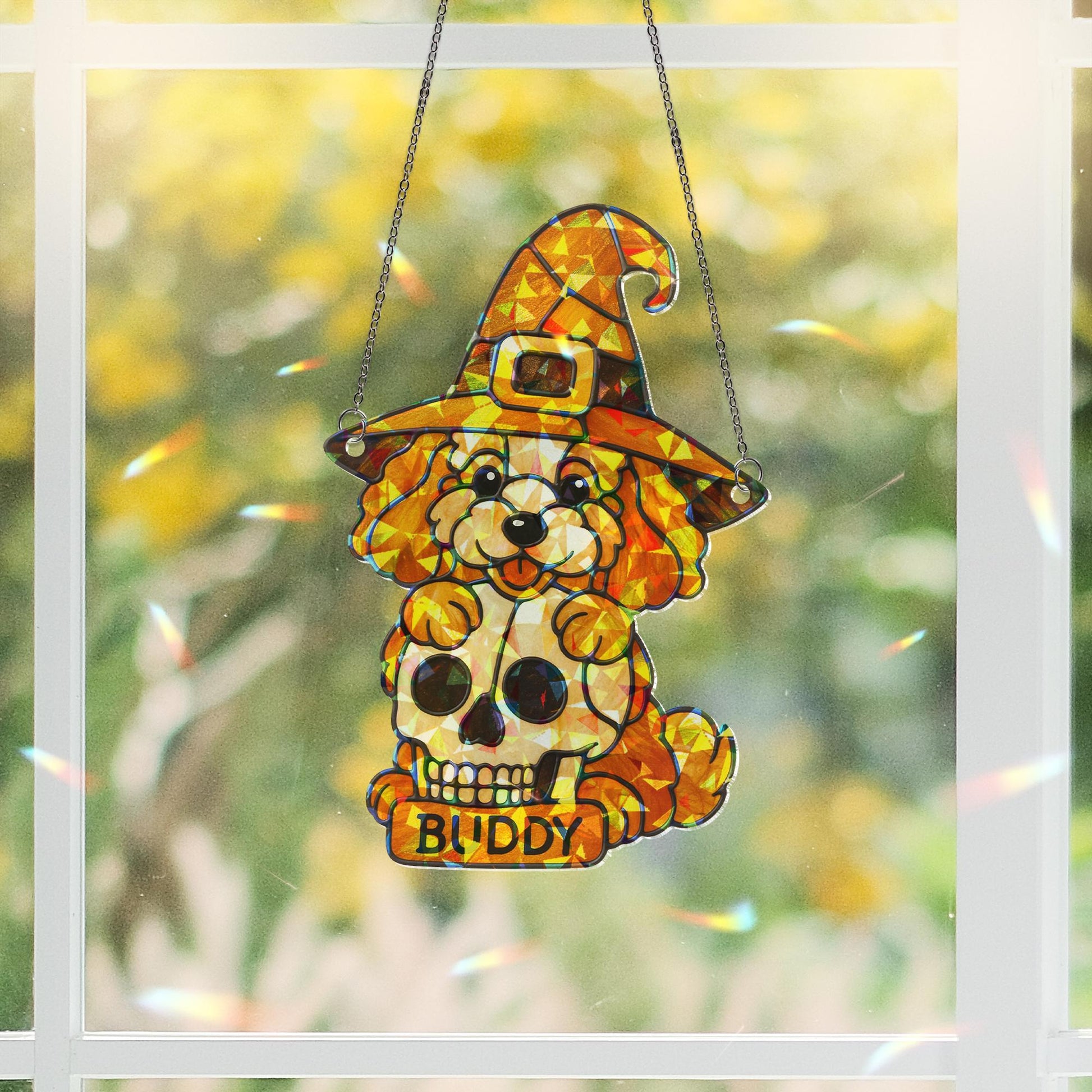 Custom Dog Halloween Suncatcher - Personalized Pet Name & Breed Window Decor - Holographic Witch Puppy Skull Acrylic Sun Catcher Gift