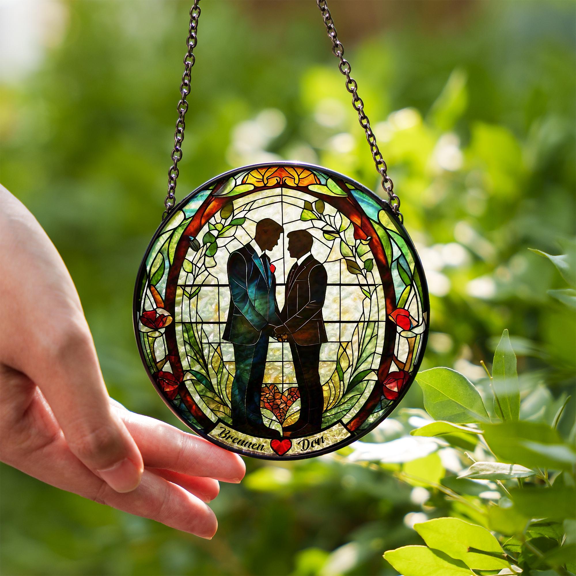 Custom Gay Couple Wedding Suncatcher - Personalized LGBTQ+ Glass Window Hanging - Romantic Gift for Grooms or Anniversary