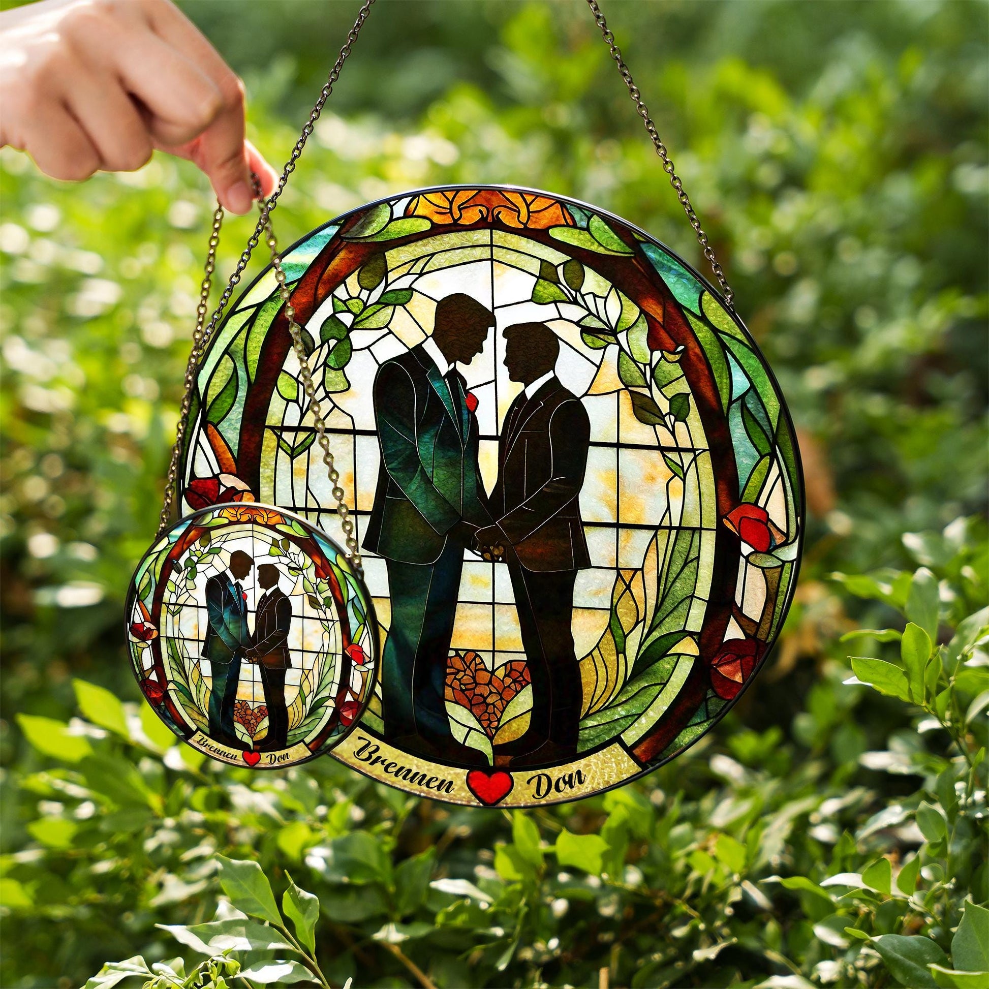 Custom Gay Couple Wedding Suncatcher - Personalized LGBTQ+ Glass Window Hanging - Romantic Gift for Grooms or Anniversary