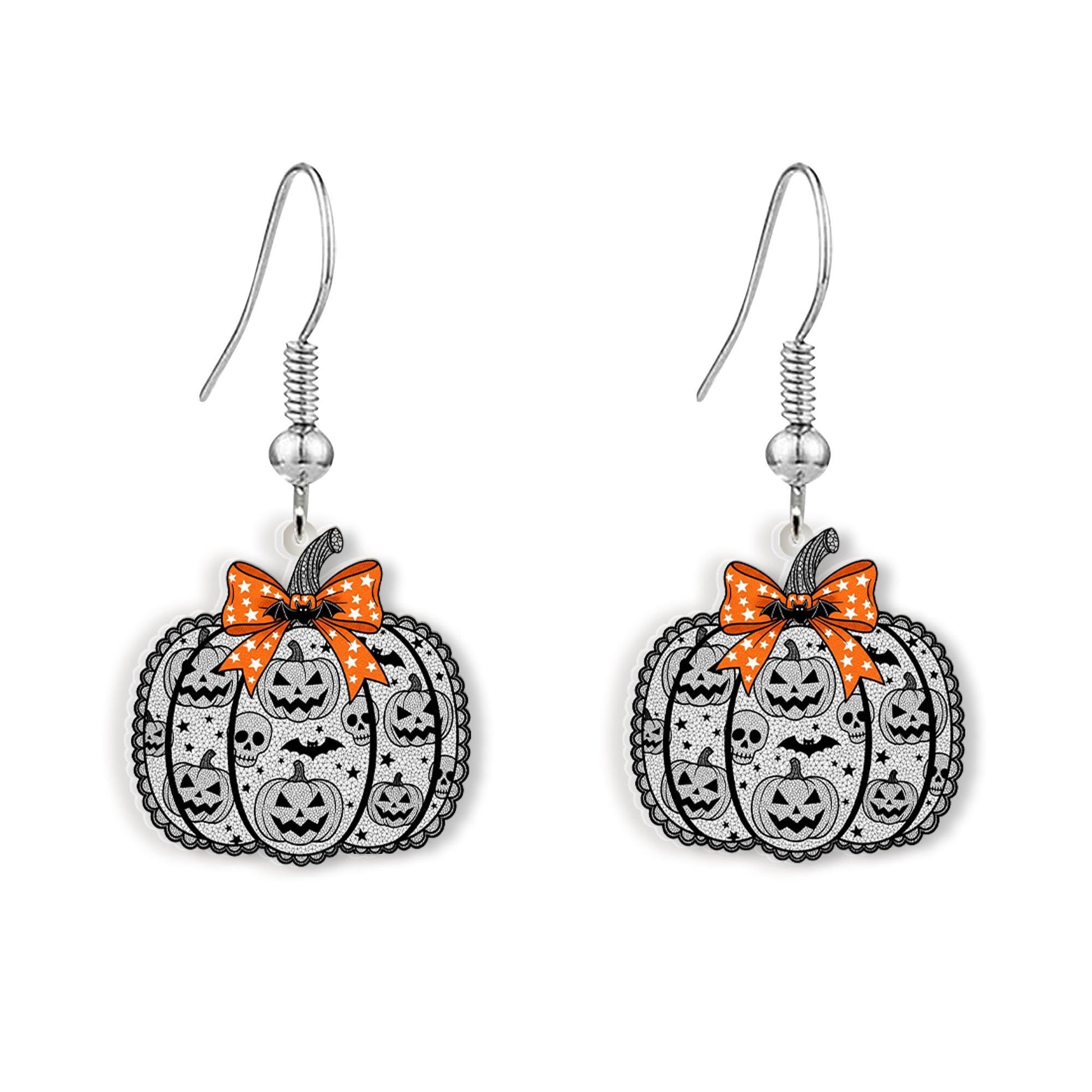Halloween Pumpkin Earrings with Bats, Skulls – Spooky Cute Fall Jewelry with Orange Bow, Gothic Style Halloween Accessories, Pumpkin Jewelry