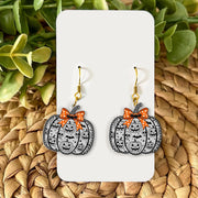 Halloween Pumpkin Earrings with Bats, Skulls – Spooky Cute Fall Jewelry with Orange Bow, Gothic Style Halloween Accessories, Pumpkin Jewelry