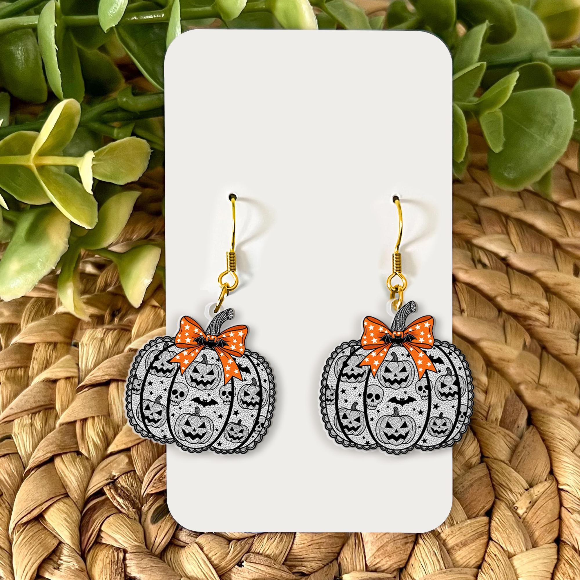 Halloween Pumpkin Earrings with Bats, Skulls – Spooky Cute Fall Jewelry with Orange Bow, Gothic Style Halloween Accessories, Pumpkin Jewelry