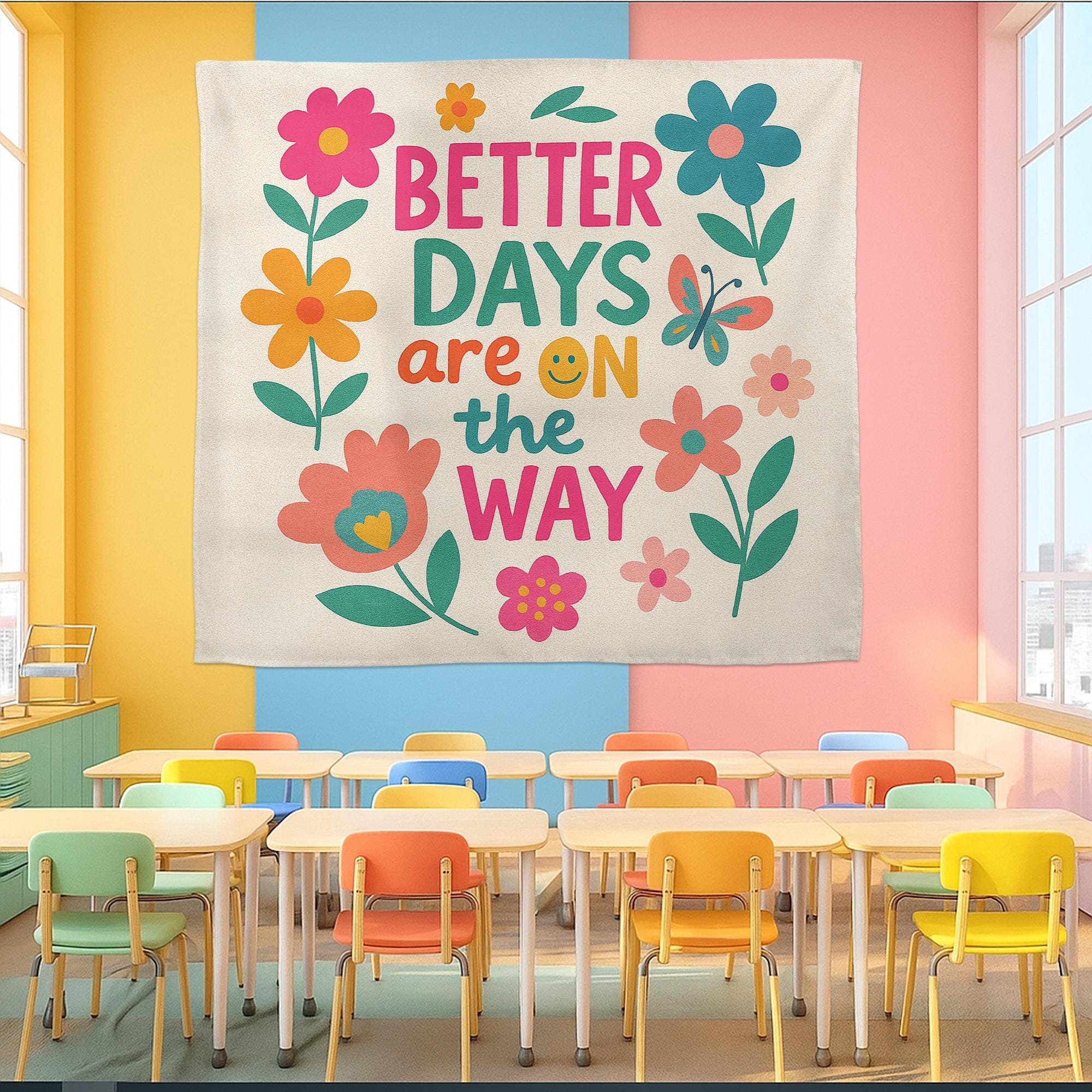 Better Days Are On the Way Wall Tapestry – Colorful Classroom Decor, Positive Quote Banner, Motivational Teacher Wall Hanging, Preschool