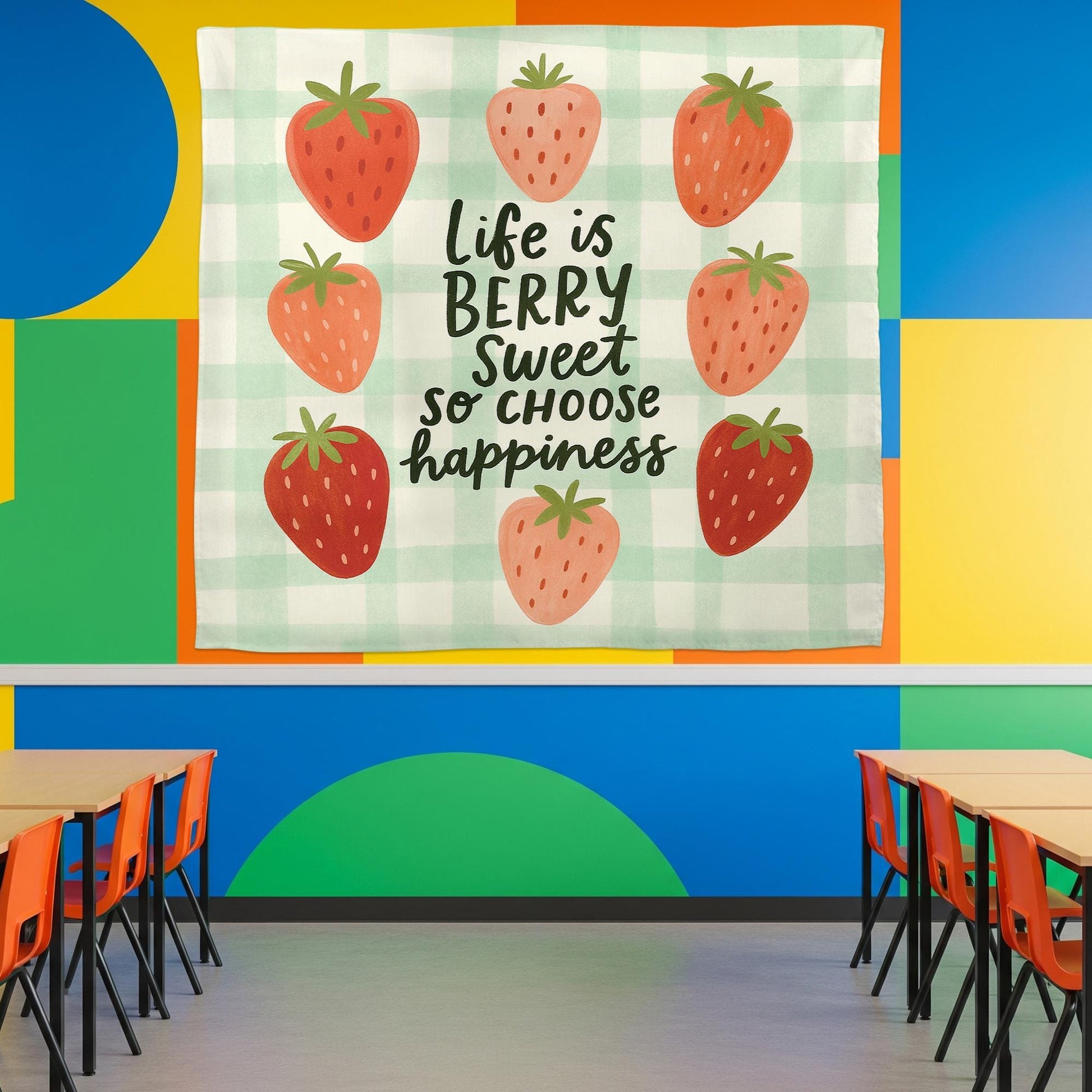 Life is Berry Sweet Tapestry – Strawberry Classroom Wall Decor, Choose Happiness Banner, Cute Teacher Motivational Wall Art, Kids Room Art