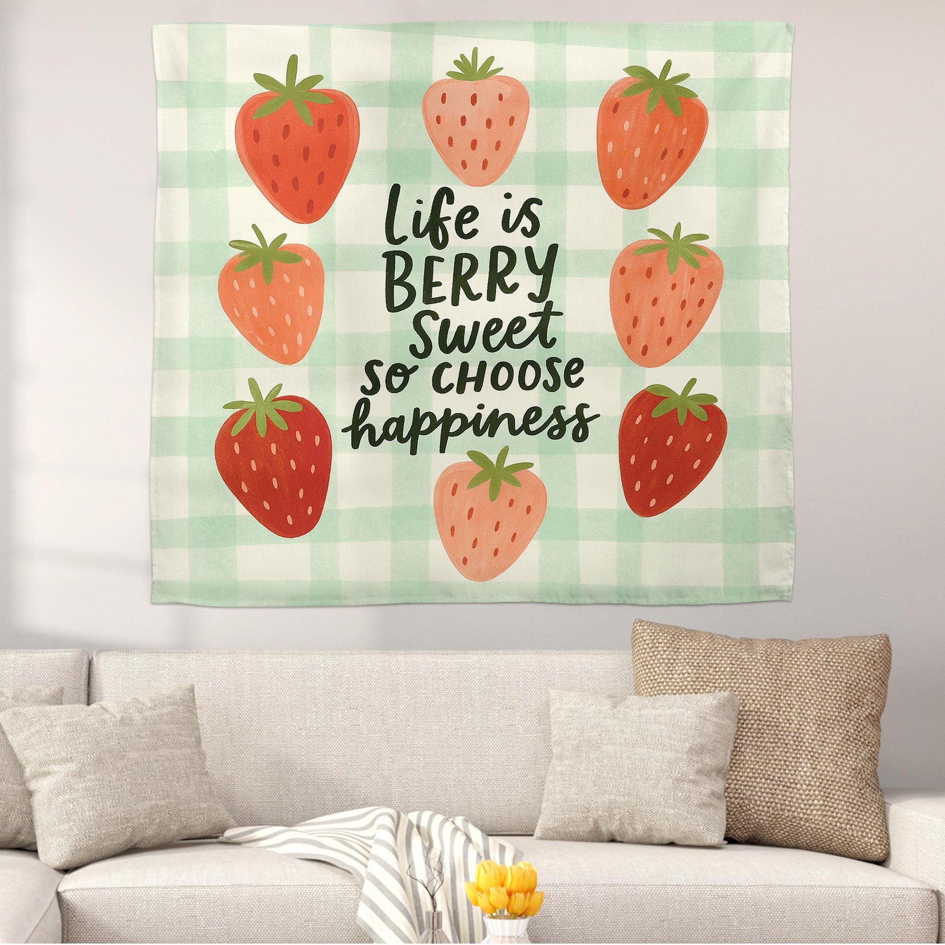 Life is Berry Sweet Tapestry – Strawberry Classroom Wall Decor, Choose Happiness Banner, Cute Teacher Motivational Wall Art, Kids Room Art