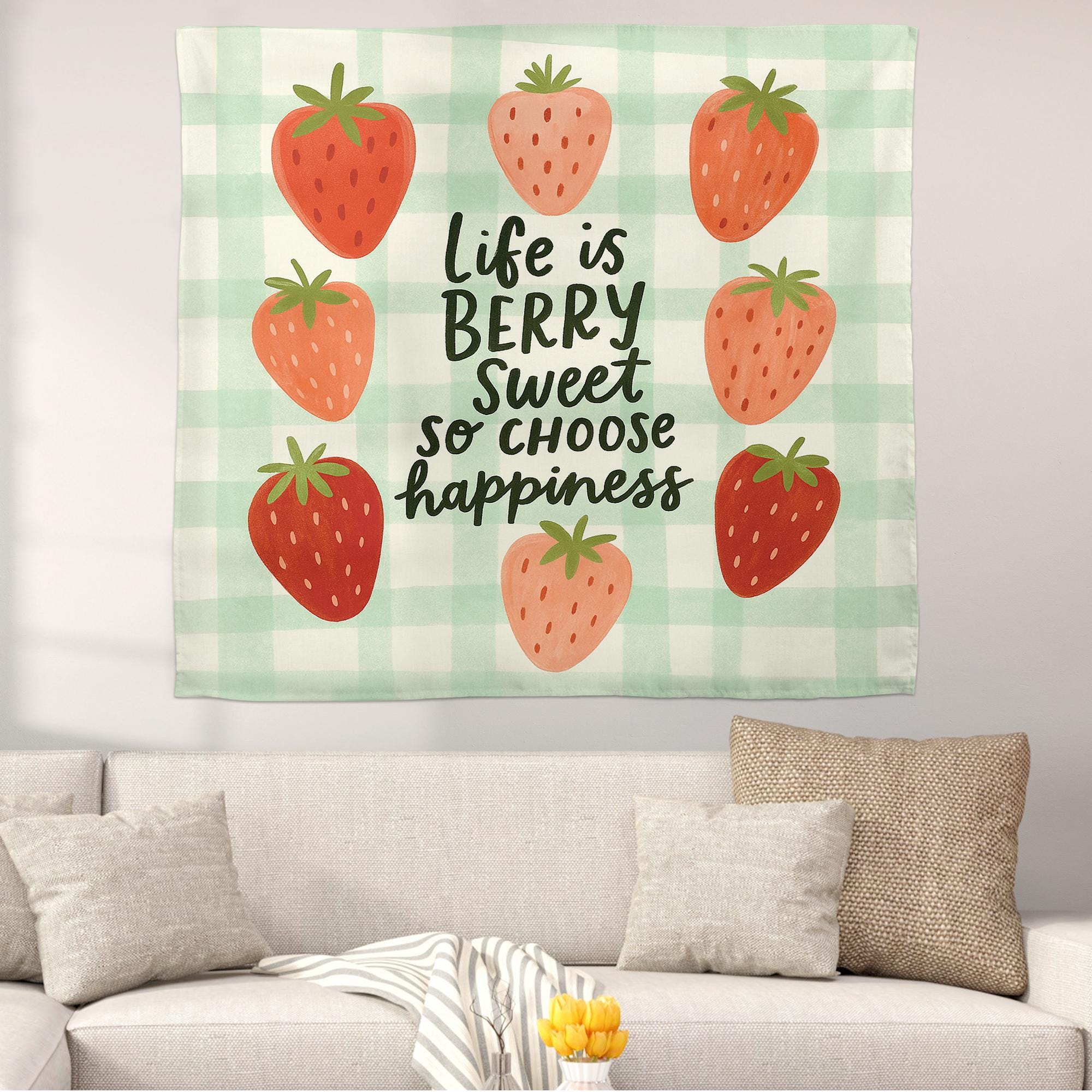 Life is Berry Sweet Tapestry – Strawberry Classroom Wall Decor, Choose Happiness Banner, Cute Teacher Motivational Wall Art, Kids Room Art