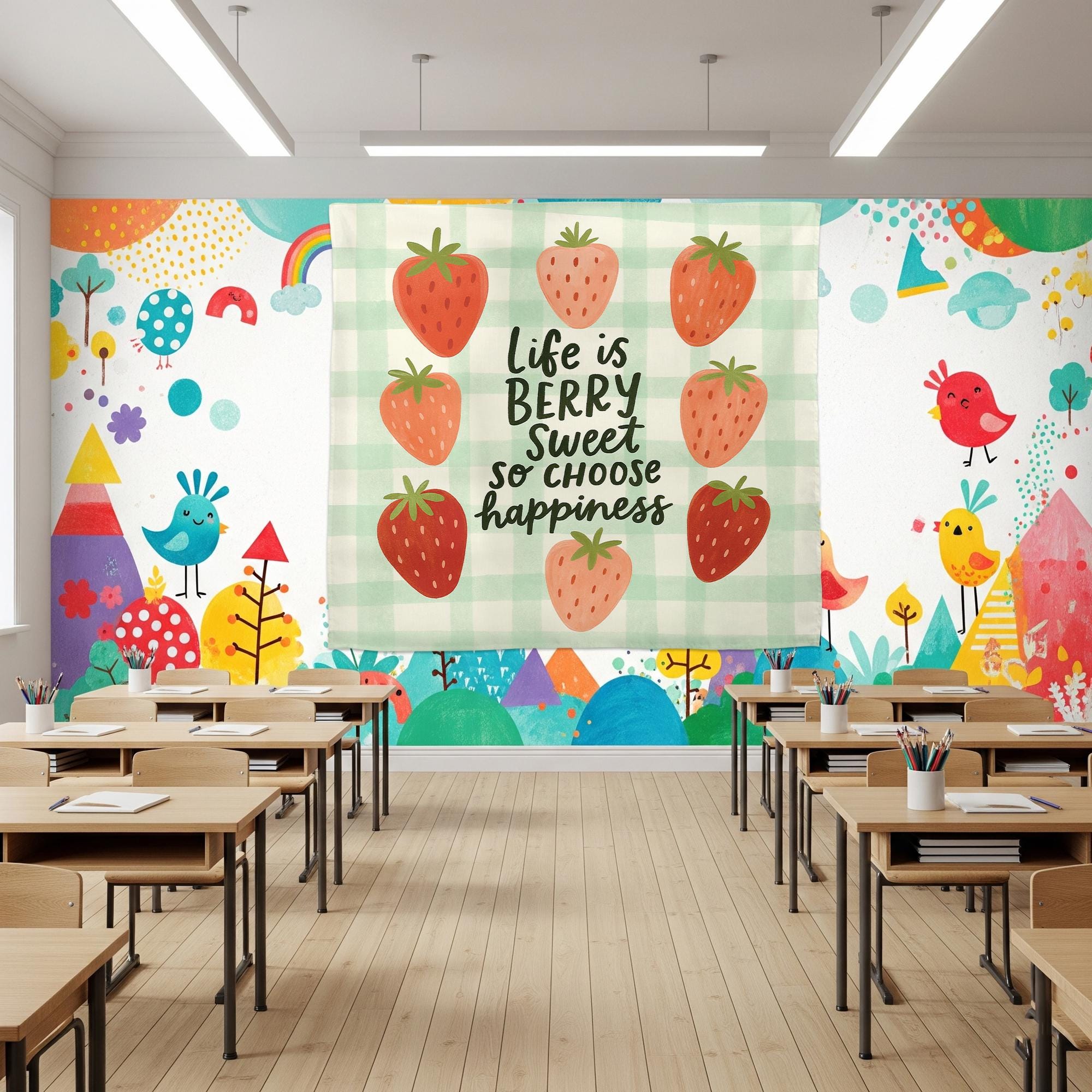 Life is Berry Sweet Tapestry – Strawberry Classroom Wall Decor, Choose Happiness Banner, Cute Teacher Motivational Wall Art, Kids Room Art
