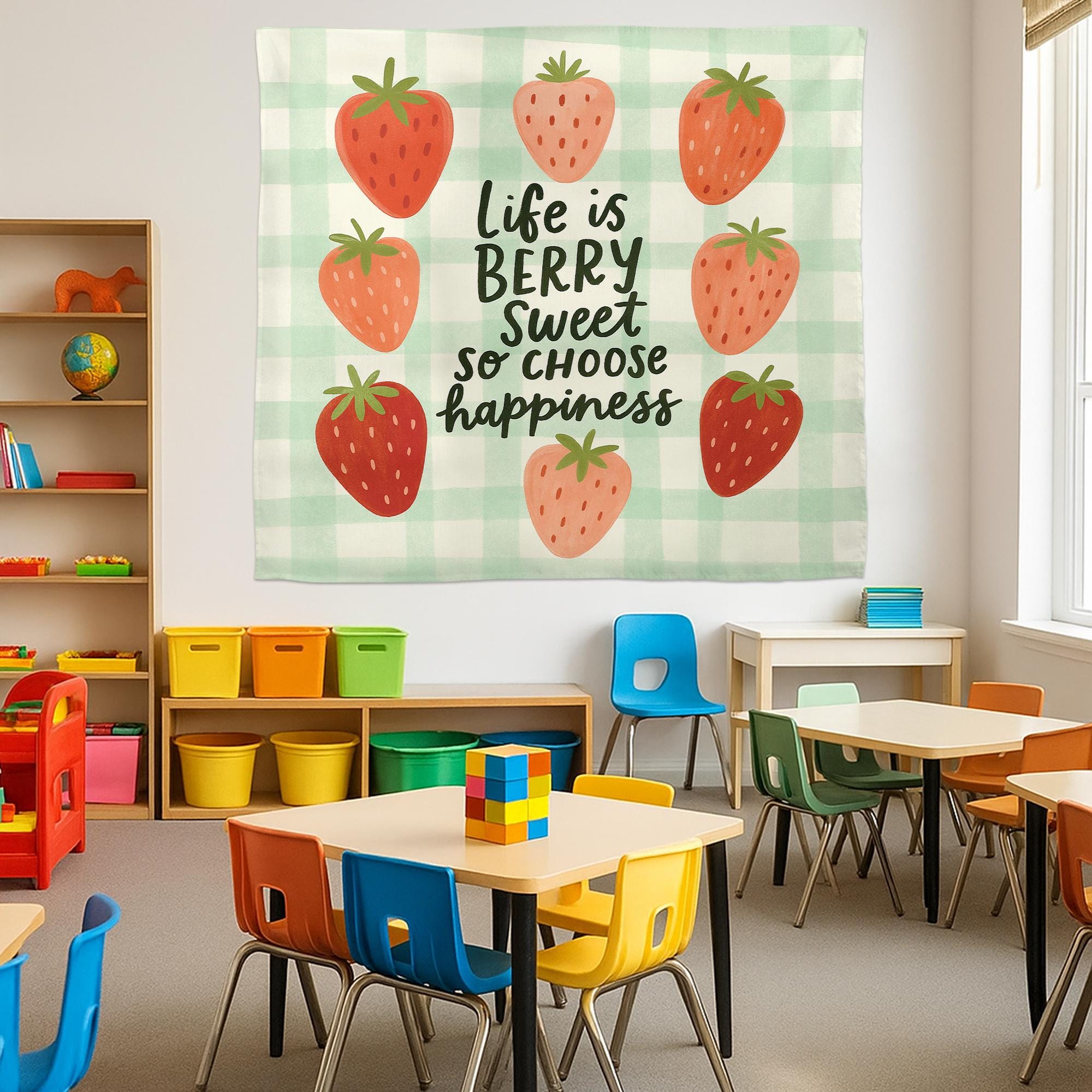 Life is Berry Sweet Tapestry – Strawberry Classroom Wall Decor, Choose Happiness Banner, Cute Teacher Motivational Wall Art, Kids Room Art