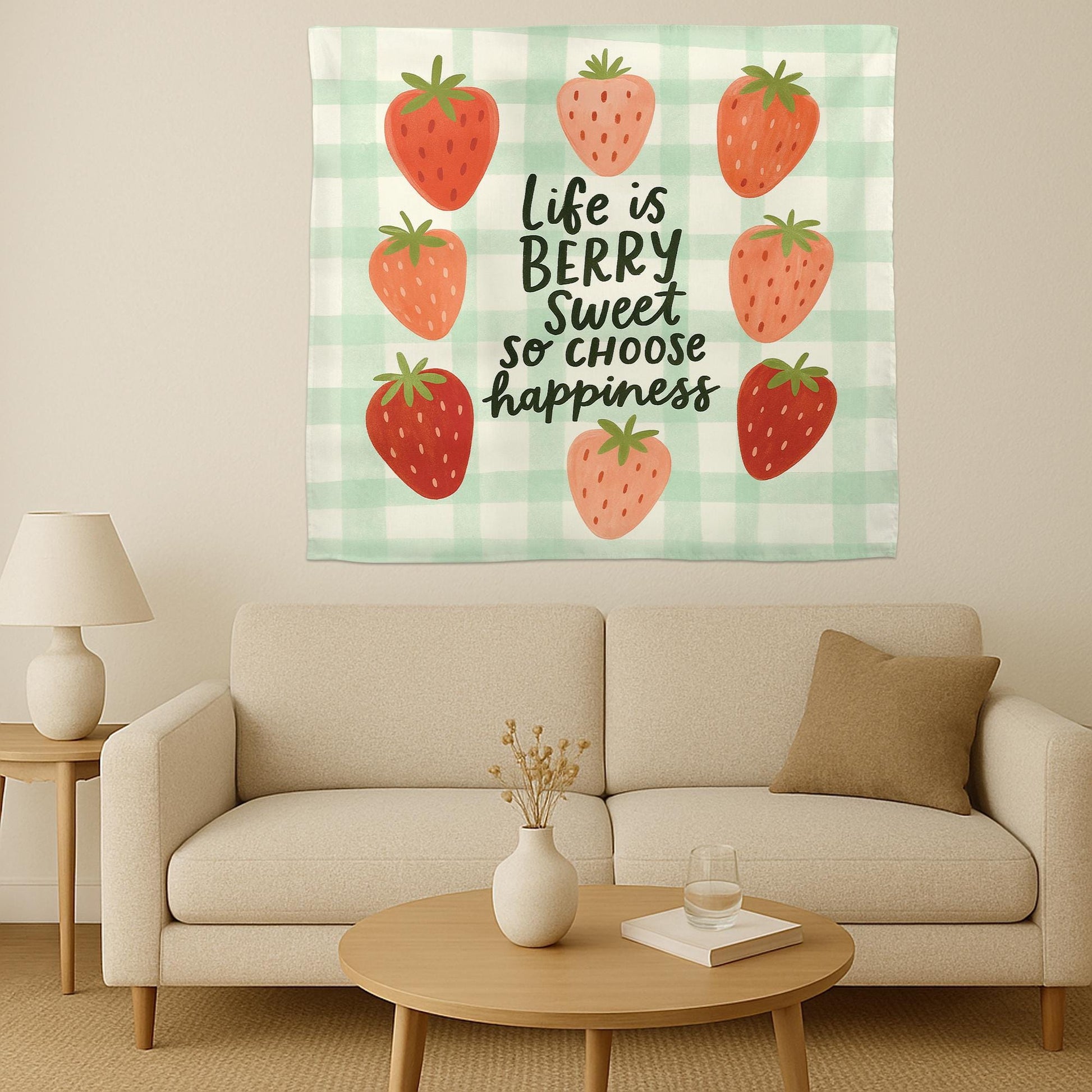 Life is Berry Sweet Tapestry – Strawberry Classroom Wall Decor, Choose Happiness Banner, Cute Teacher Motivational Wall Art, Kids Room Art
