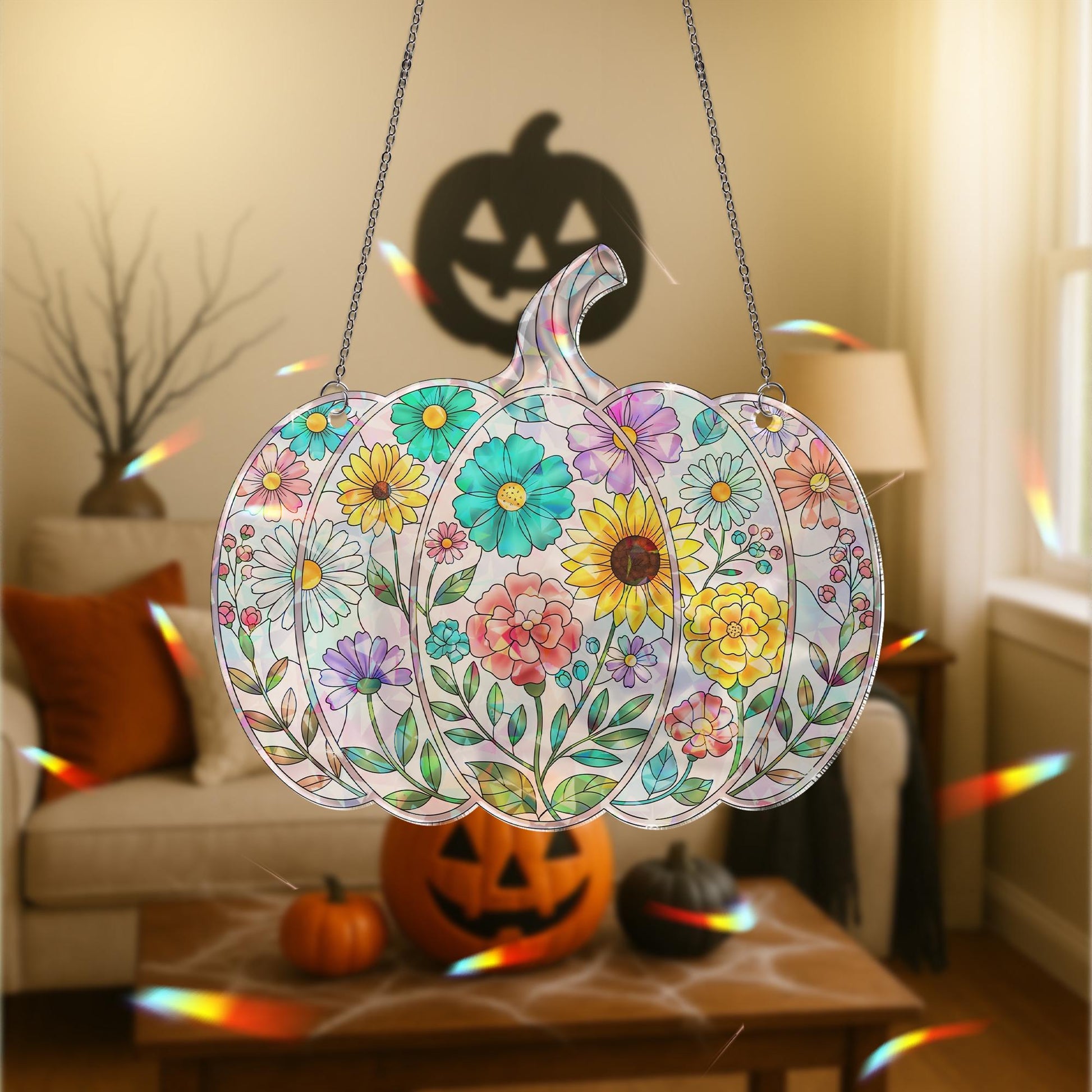 Floral Pumpkin Suncatcher, Fall Halloween Window Hanging, Stained Glass Style Ornament, Autumn Floral Decor, Jack-O'-Lantern Art
