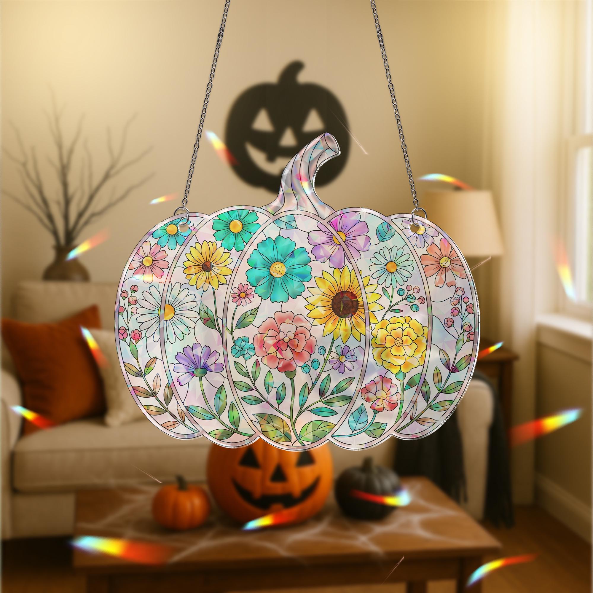 Floral Pumpkin Suncatcher, Fall Halloween Window Hanging, Stained Glass Style Ornament, Autumn Floral Decor, Jack-O'-Lantern Art