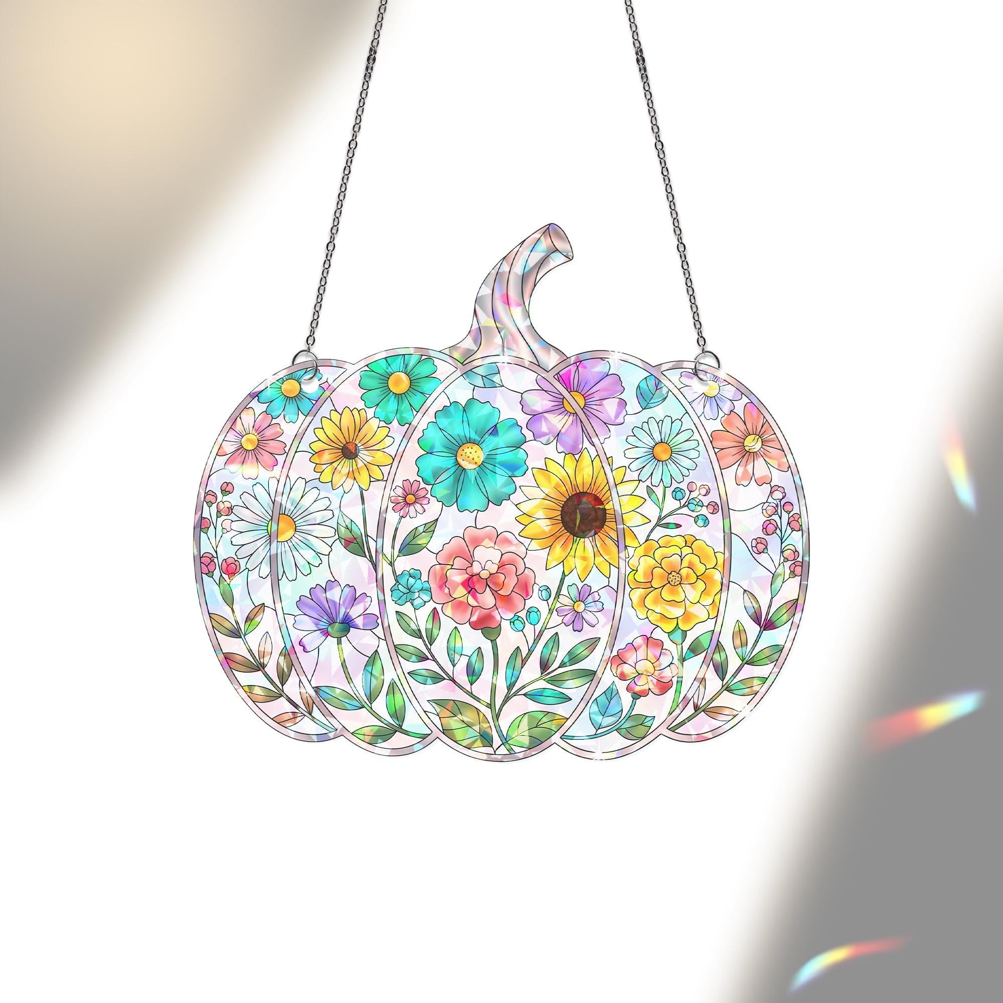 Floral Pumpkin Suncatcher, Fall Halloween Window Hanging, Stained Glass Style Ornament, Autumn Floral Decor, Jack-O'-Lantern Art