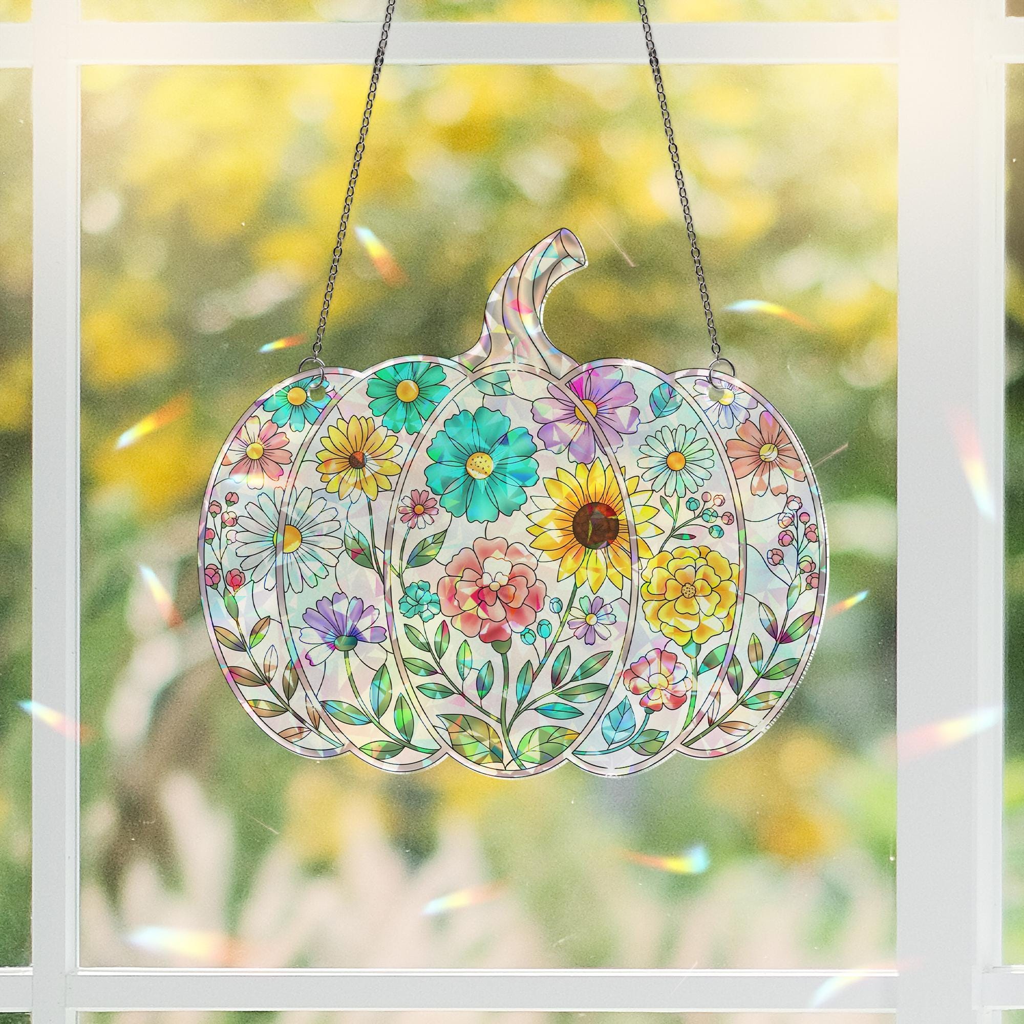 Floral Pumpkin Suncatcher, Fall Halloween Window Hanging, Stained Glass Style Ornament, Autumn Floral Decor, Jack-O'-Lantern Art