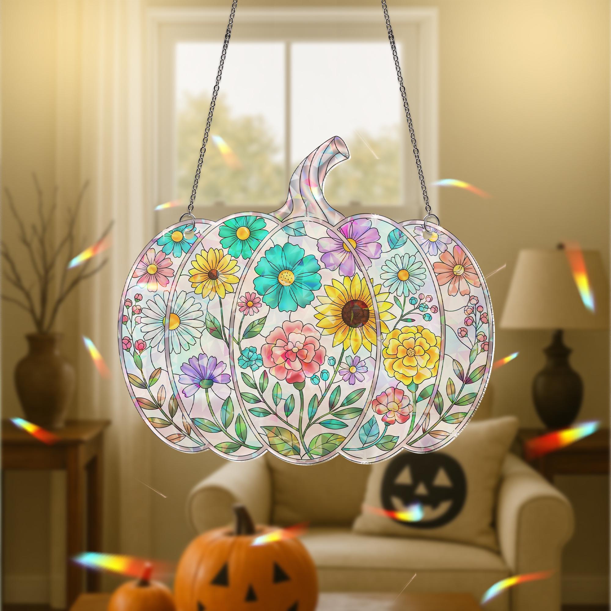 Floral Pumpkin Suncatcher, Fall Halloween Window Hanging, Stained Glass Style Ornament, Autumn Floral Decor, Jack-O'-Lantern Art
