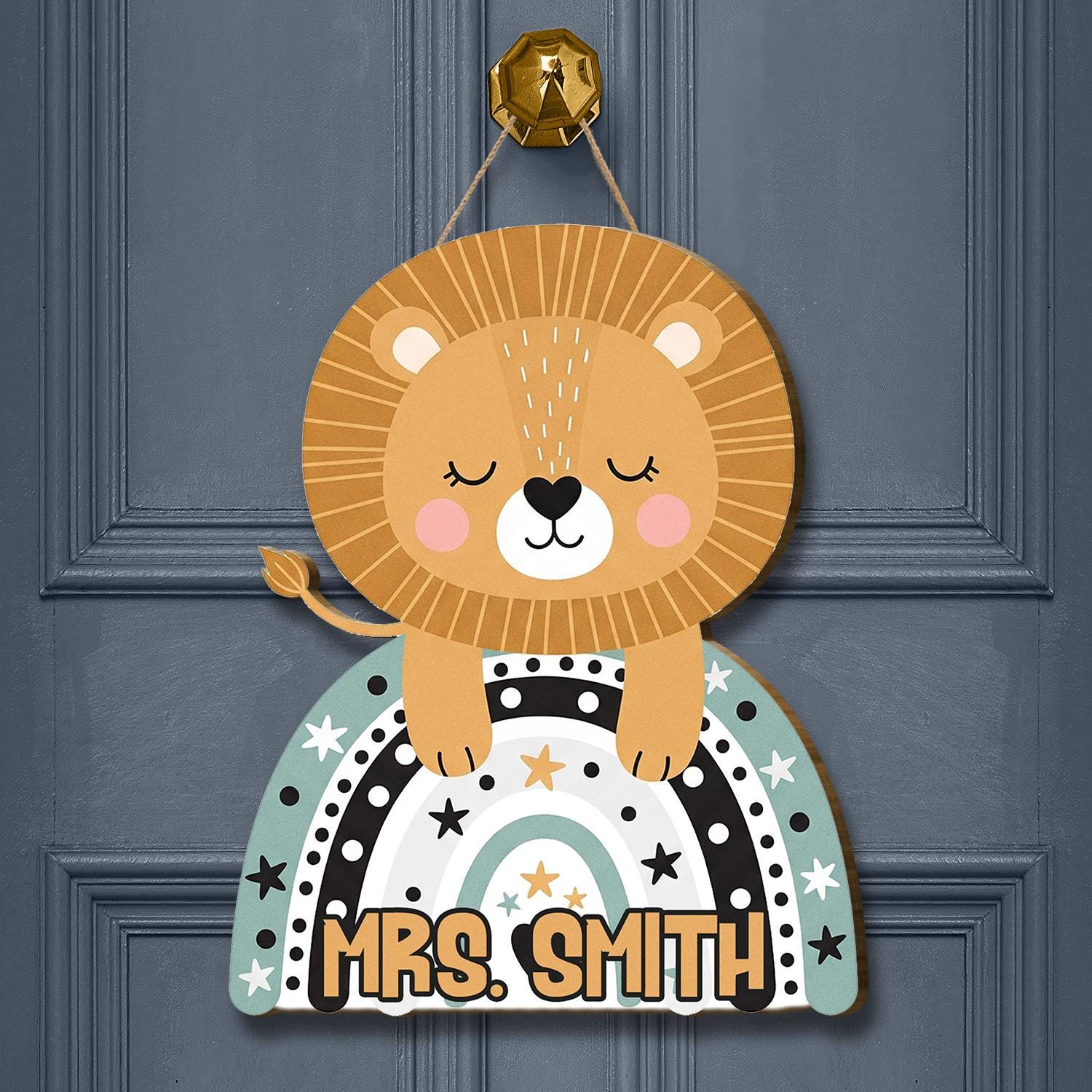 Personalized Lion Door Hanger, Custom Teacher Name Sign, Jungle Classroom Decor, Kid Room Wall Sign, Cute Animal Rainbow Plaque, Class Decor