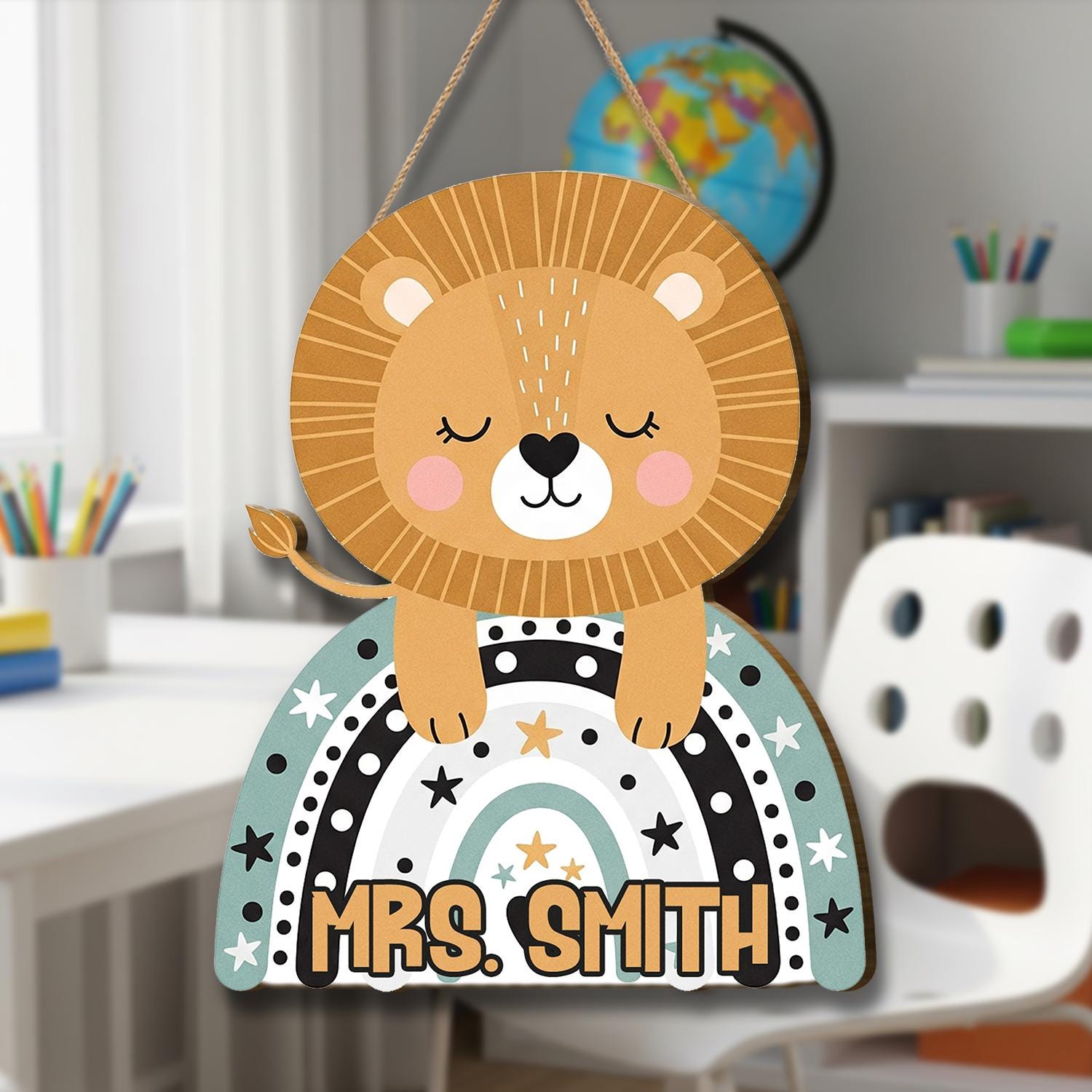 Personalized Lion Door Hanger, Custom Teacher Name Sign, Jungle Classroom Decor, Kid Room Wall Sign, Cute Animal Rainbow Plaque, Class Decor