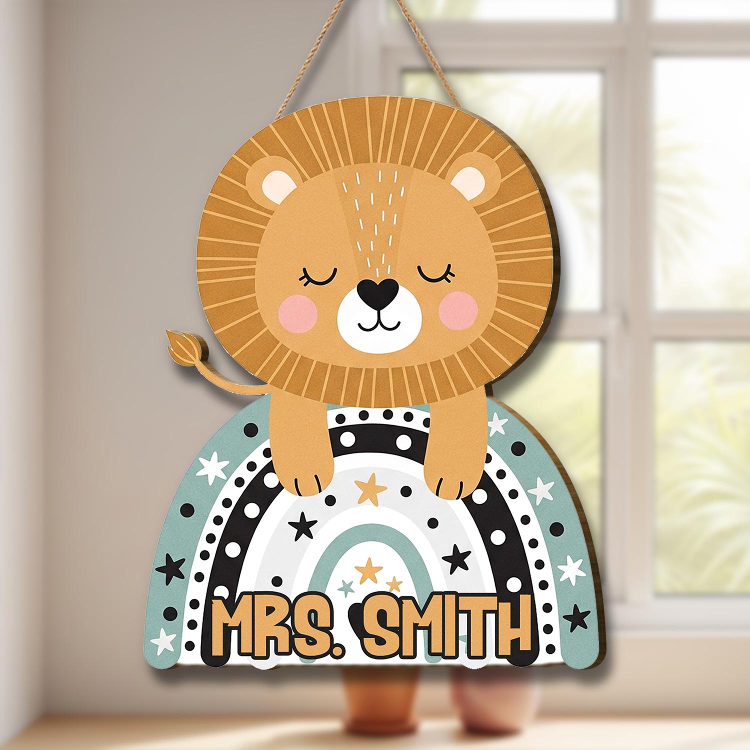 Personalized Lion Door Hanger, Custom Teacher Name Sign, Jungle Classroom Decor, Kid Room Wall Sign, Cute Animal Rainbow Plaque, Class Decor
