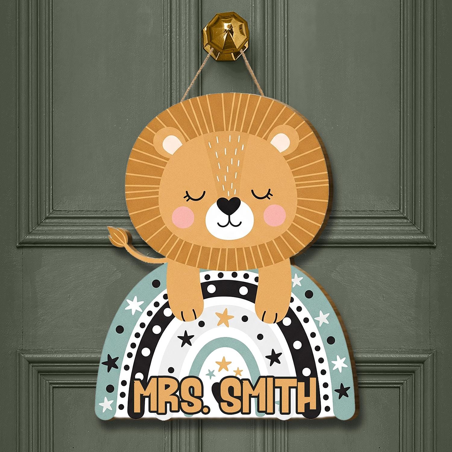 Personalized Lion Door Hanger, Custom Teacher Name Sign, Jungle Classroom Decor, Kid Room Wall Sign, Cute Animal Rainbow Plaque, Class Decor