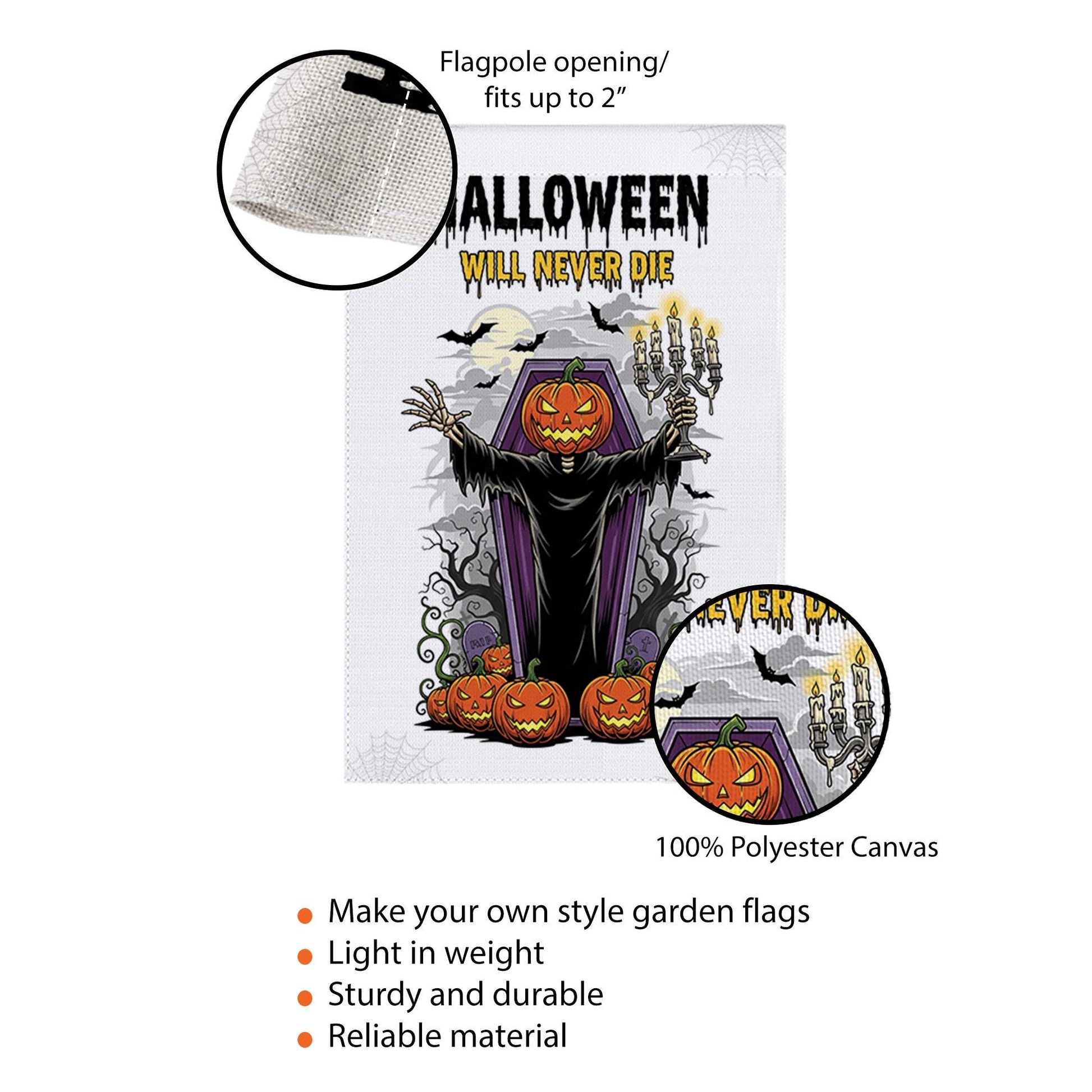 Halloween Garden Flag, Pumpkin Head Grim Reaper Decor, Spooky Yard Banner, Scary Outdoor Sign, Halloween Will Never Die Flag