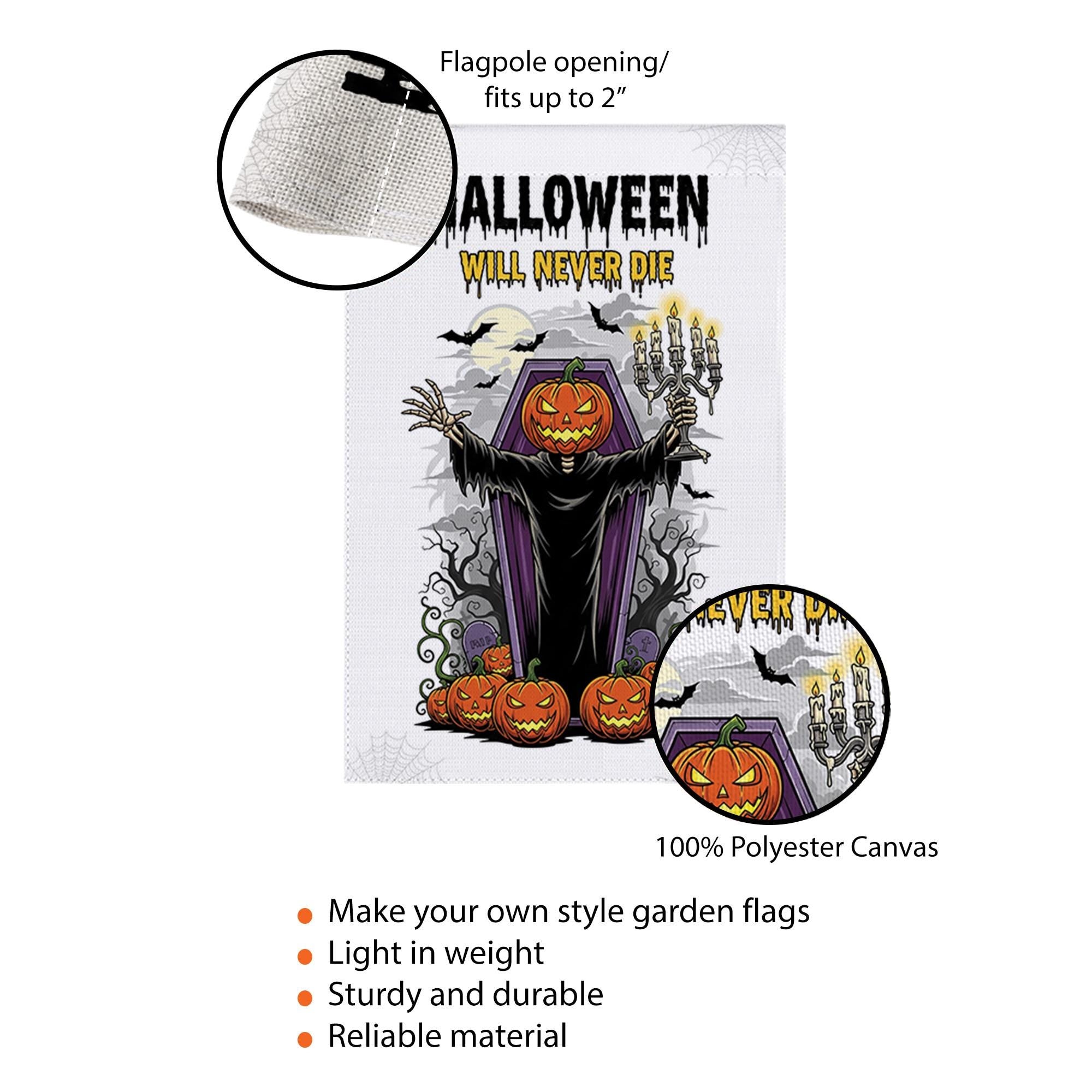 Halloween Garden Flag, Pumpkin Head Grim Reaper Decor, Spooky Yard Banner, Scary Outdoor Sign, Halloween Will Never Die Flag