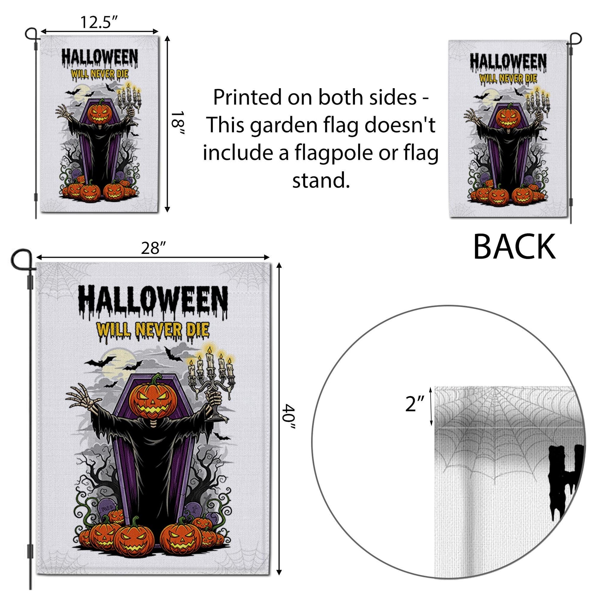 Halloween Garden Flag, Pumpkin Head Grim Reaper Decor, Spooky Yard Banner, Scary Outdoor Sign, Halloween Will Never Die Flag
