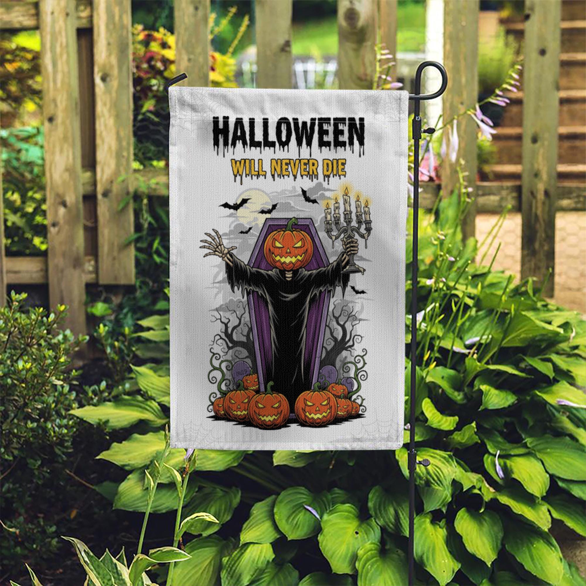 Halloween Garden Flag, Pumpkin Head Grim Reaper Decor, Spooky Yard Banner, Scary Outdoor Sign, Halloween Will Never Die Flag