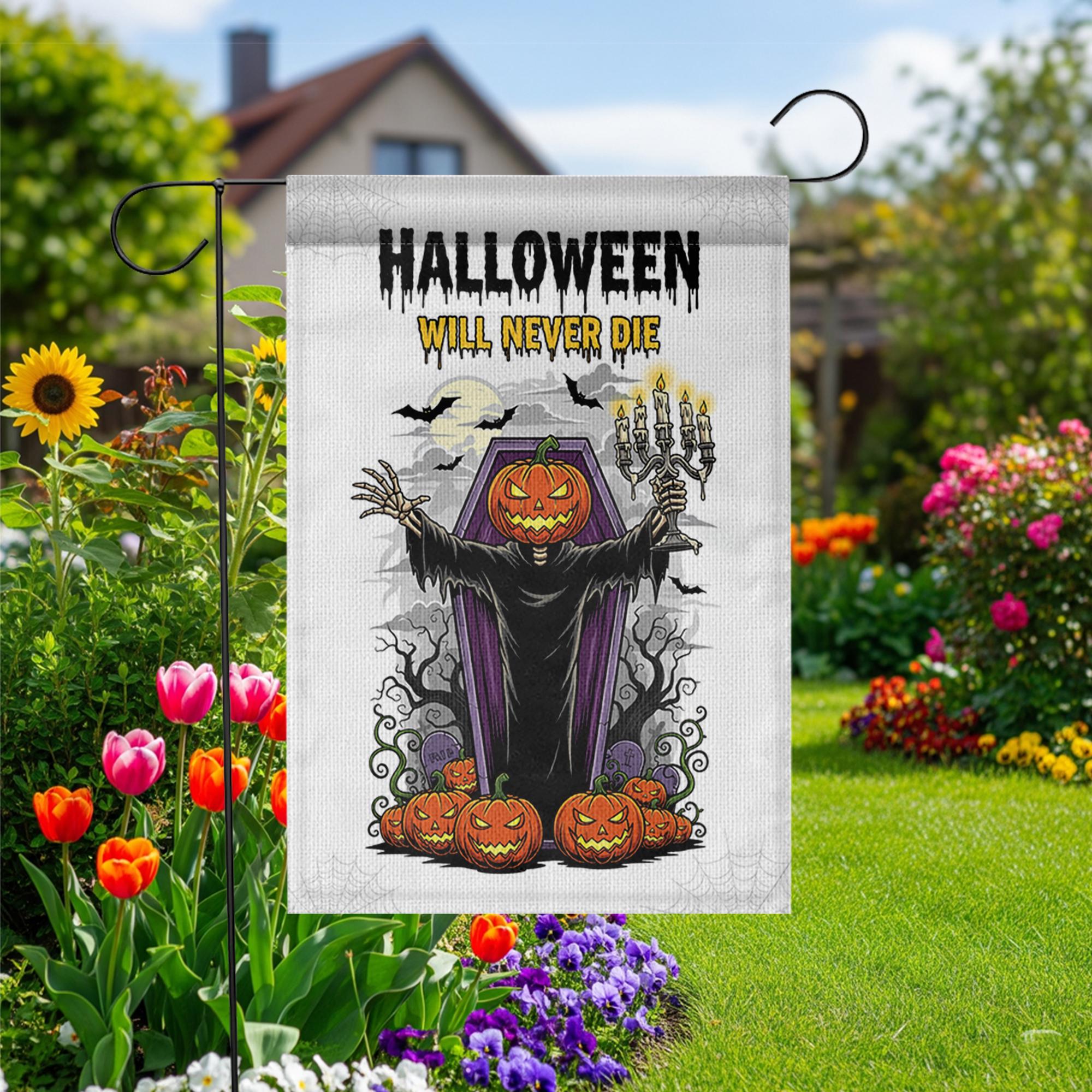 Halloween Garden Flag, Pumpkin Head Grim Reaper Decor, Spooky Yard Banner, Scary Outdoor Sign, Halloween Will Never Die Flag