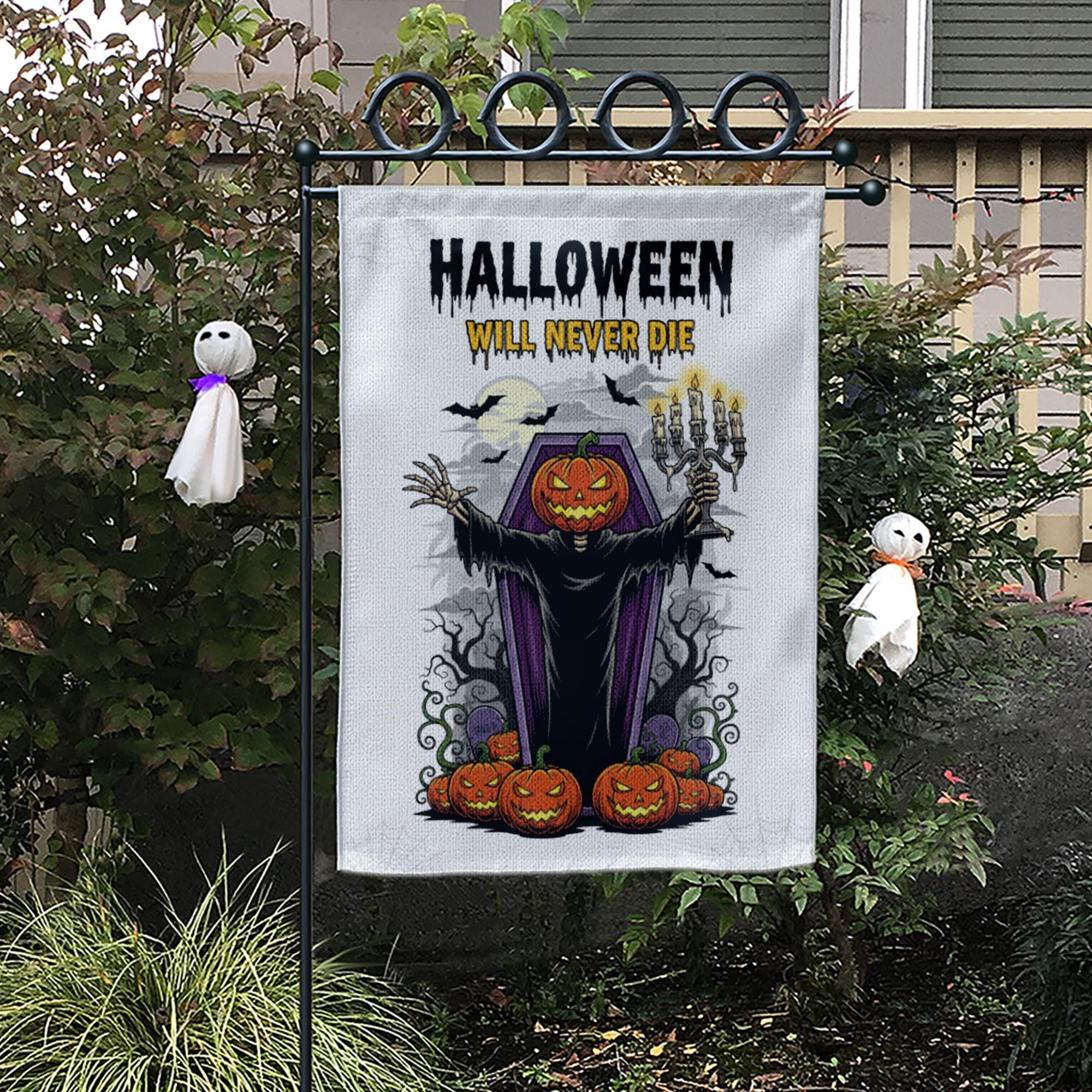 Halloween Garden Flag, Pumpkin Head Grim Reaper Decor, Spooky Yard Banner, Scary Outdoor Sign, Halloween Will Never Die Flag