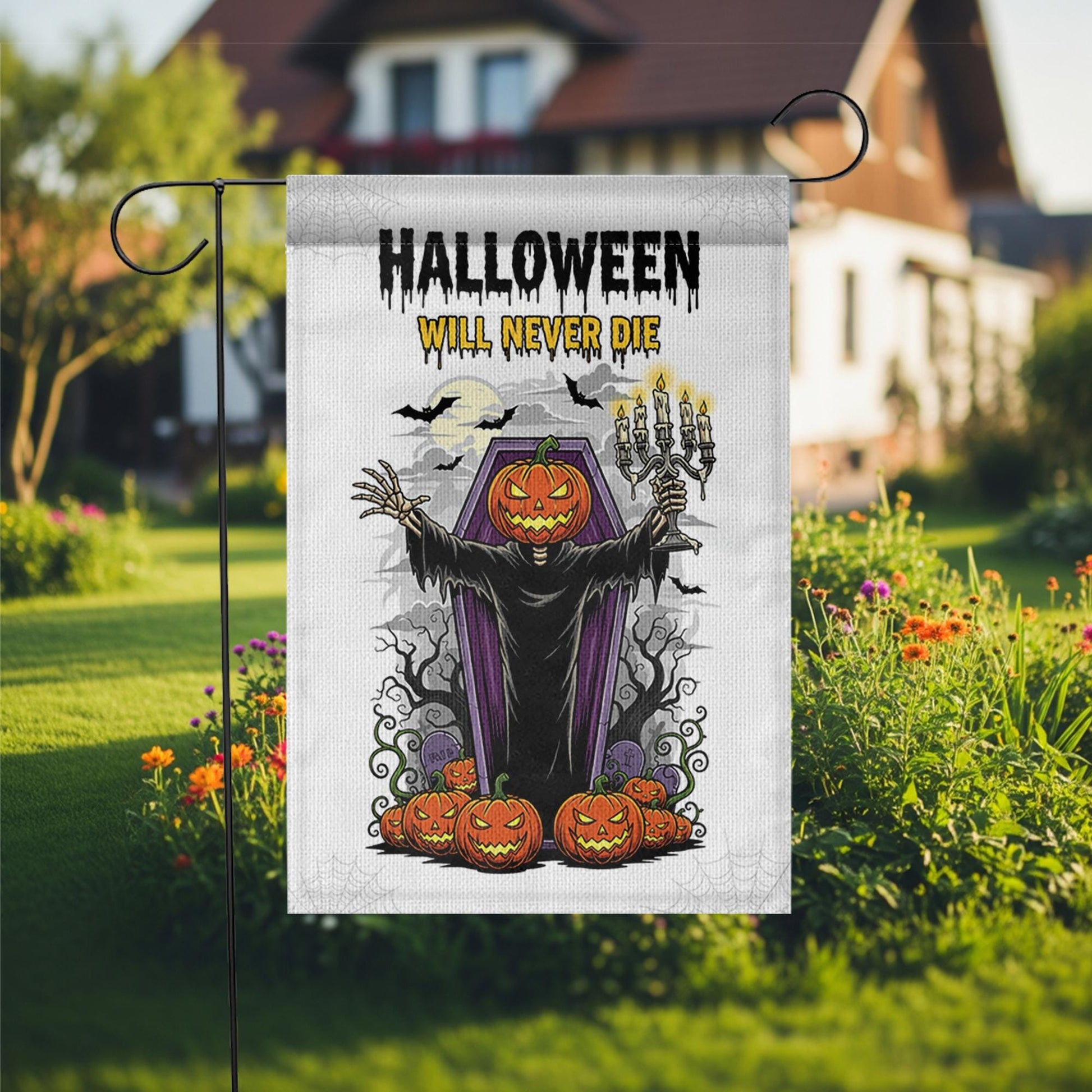 Halloween Garden Flag, Pumpkin Head Grim Reaper Decor, Spooky Yard Banner, Scary Outdoor Sign, Halloween Will Never Die Flag
