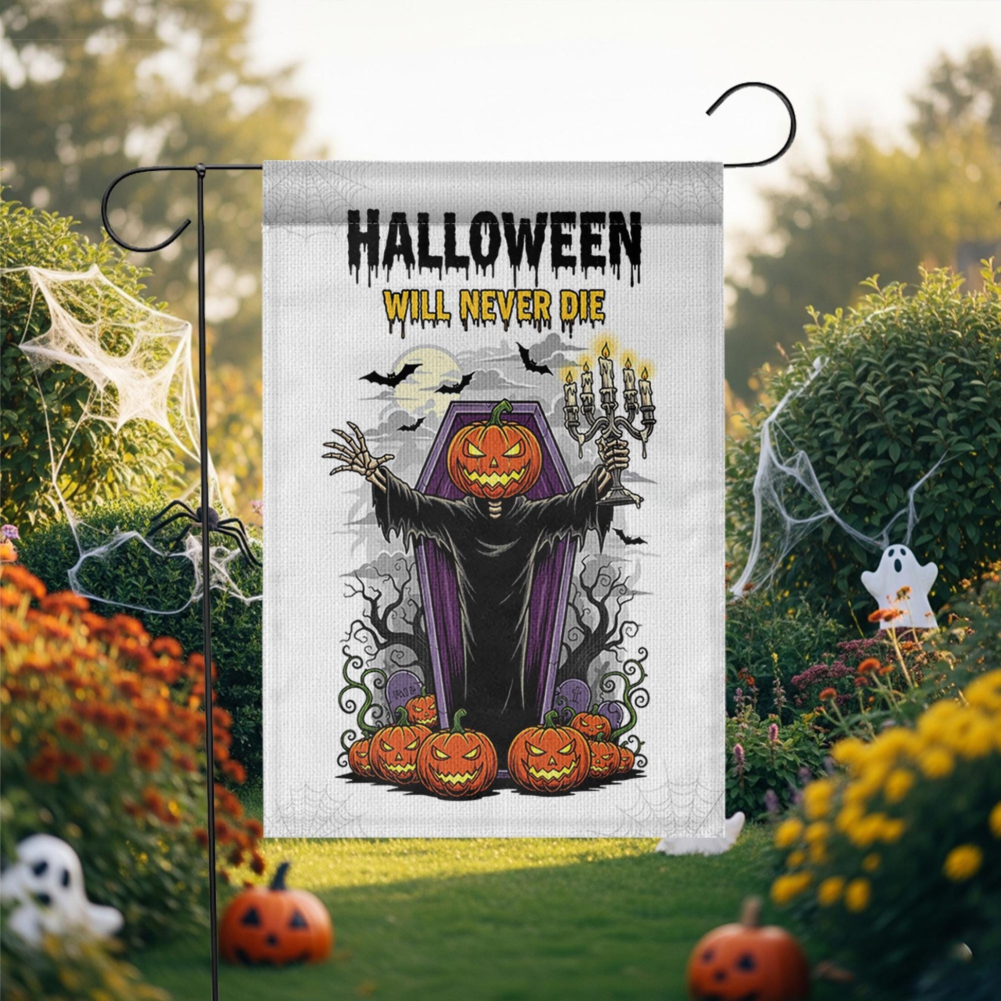 Halloween Garden Flag, Pumpkin Head Grim Reaper Decor, Spooky Yard Banner, Scary Outdoor Sign, Halloween Will Never Die Flag