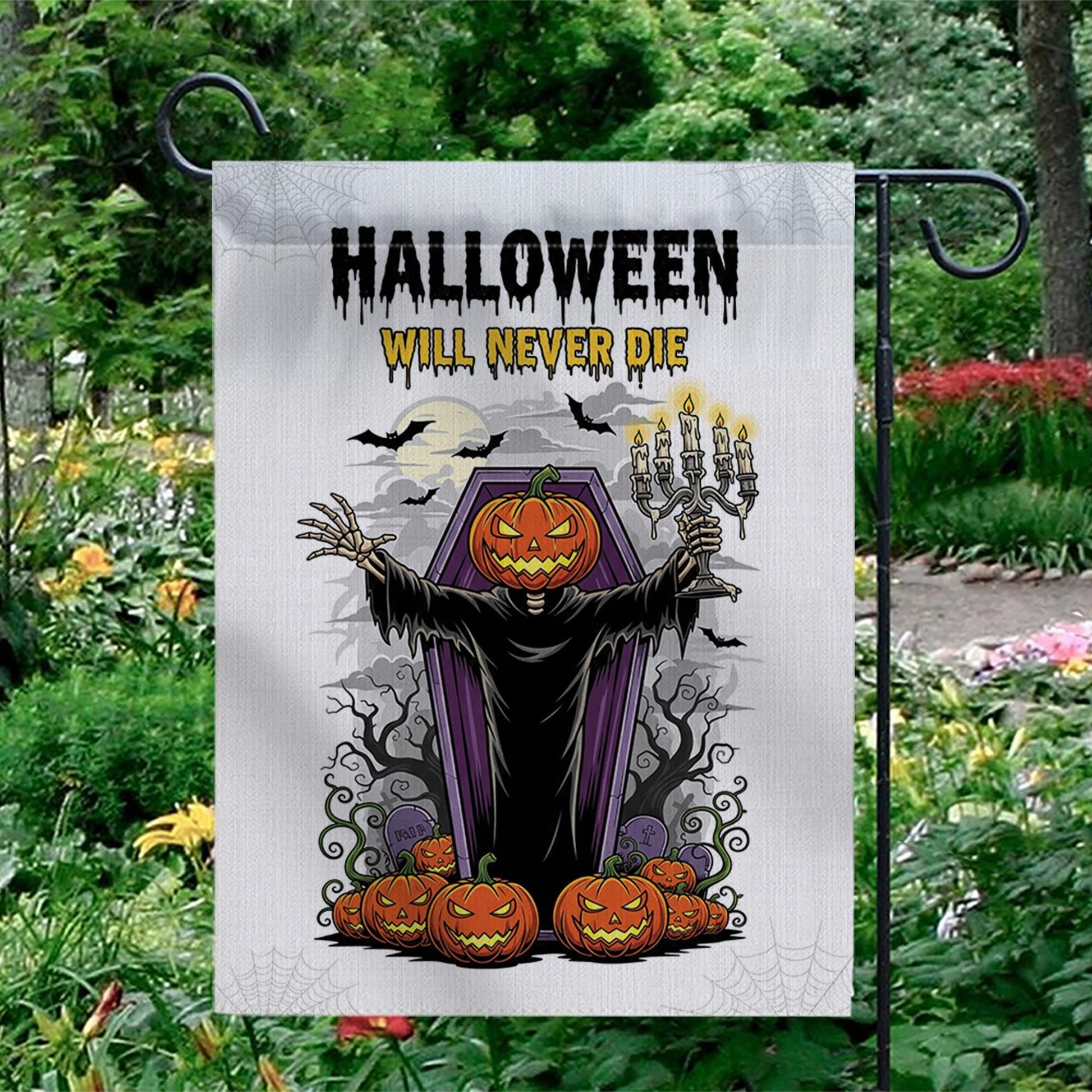 Halloween Garden Flag, Pumpkin Head Grim Reaper Decor, Spooky Yard Banner, Scary Outdoor Sign, Halloween Will Never Die Flag